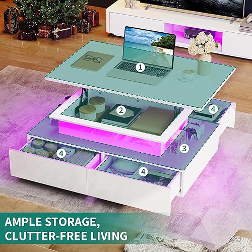 Miniatura 3 de YITAHOME - Mesas de centro con tapa LED y elevación para sala de estar, mesa de café de alto brillo con almacenamiento y 4 cajones espaciosos, mesas