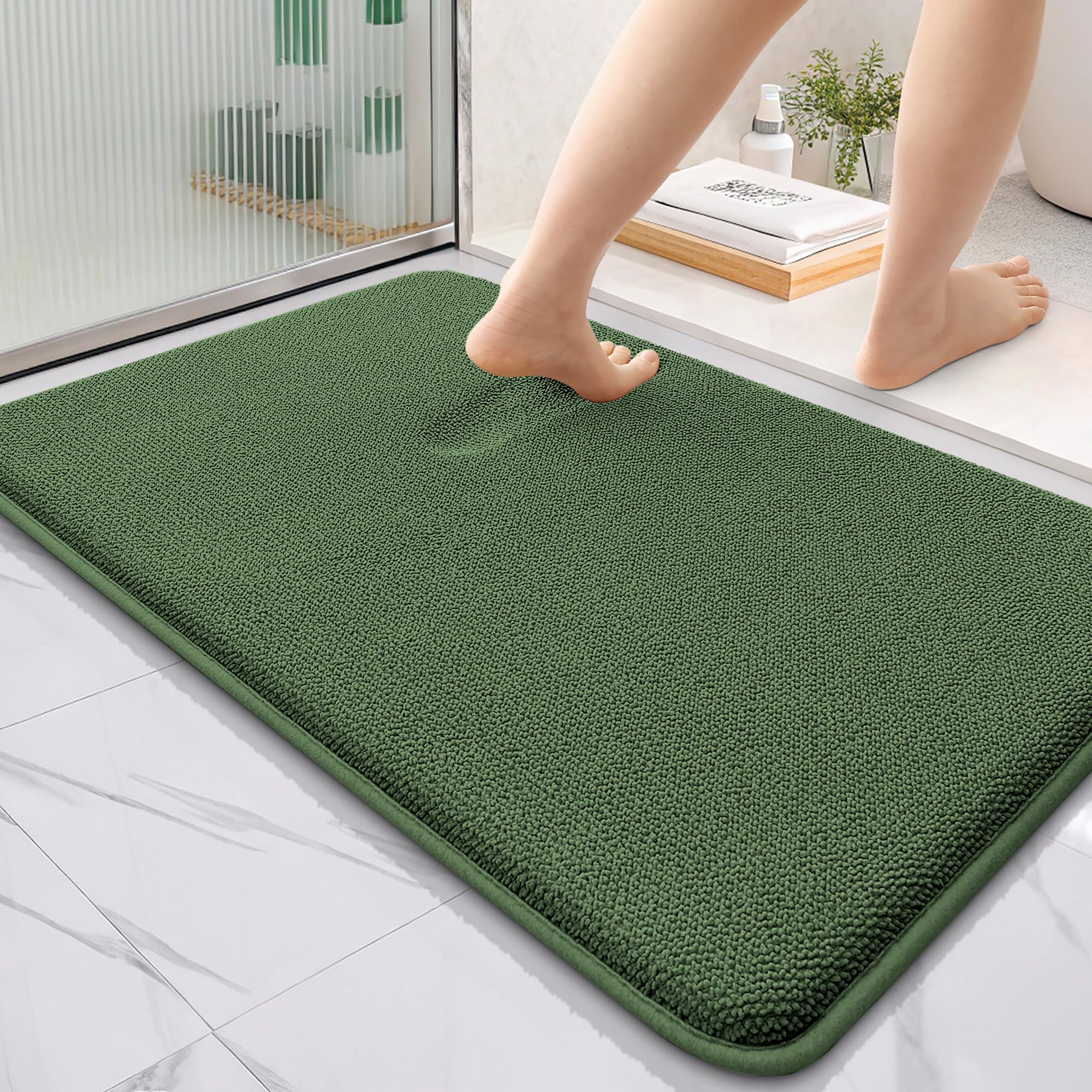 OLANLY Memory Foam Bathroom Rugs 36x24, Absorbent Bath Mat, Olive Green