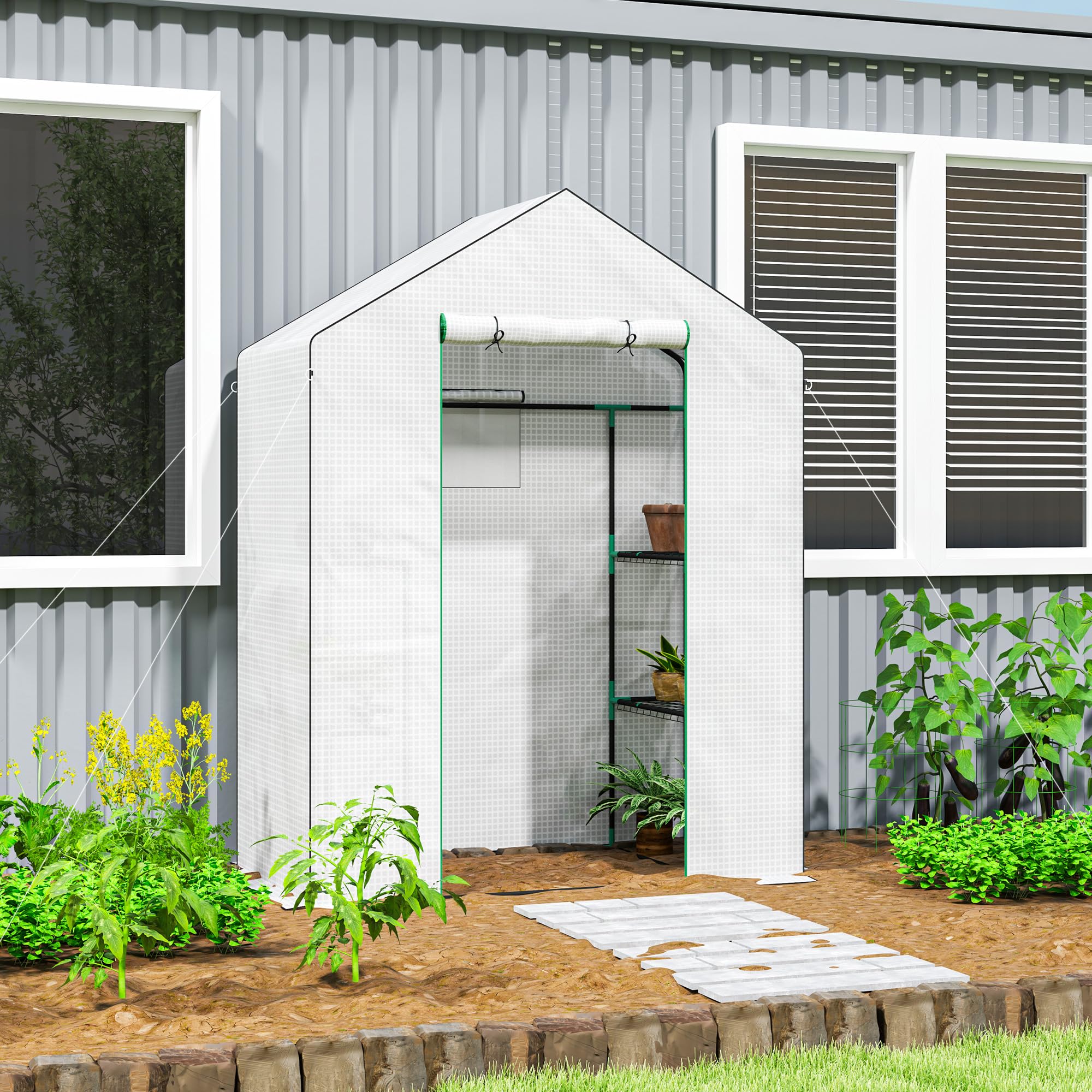 Outsunny Serra da giardino PE con ripiani 3 livelli 140x73x190 cm Bianca