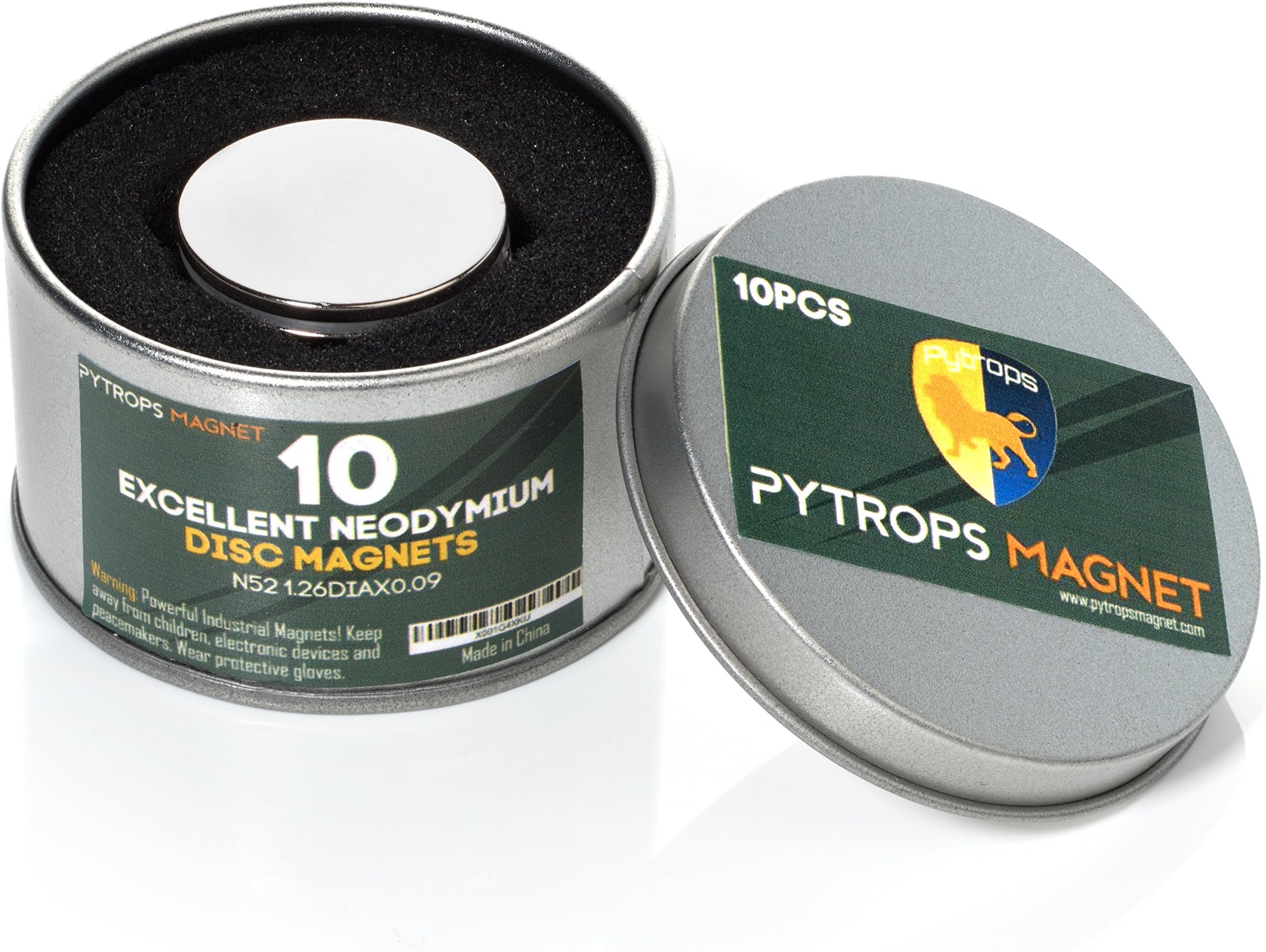 PYTROPS Magnet Industrial Neodymium Rare Earth Magnets Super Refrigerator N52 Powerful Strong Scientific Round Disc Magnet with 3M Adhesive Included in Tin Box, 1.26" D X 0.09" H, Pack of 10