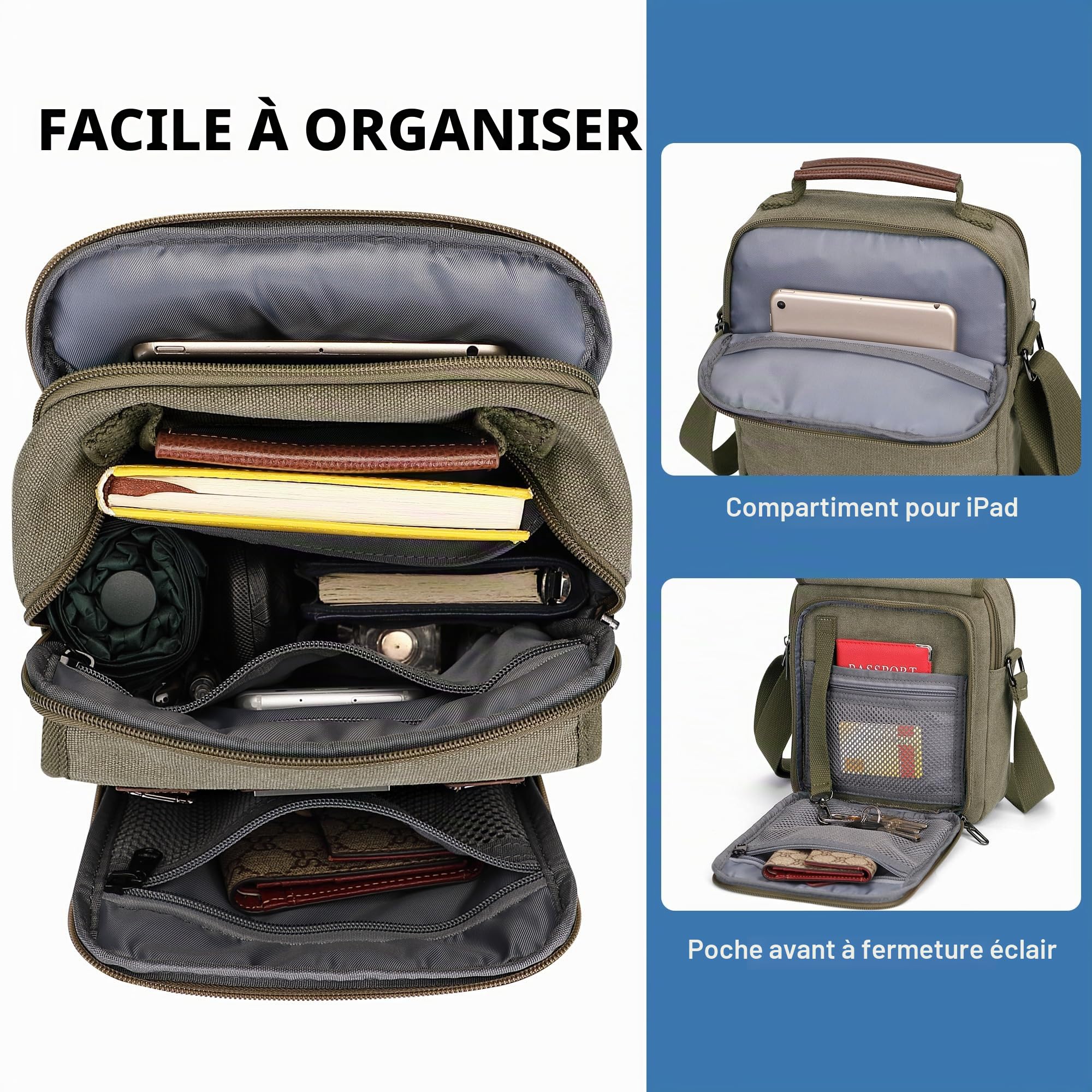 WITZMAN Sacoche Bandoulière Homme Toile Vintage 8L | Style Vintage, Plusieurs Poches, Bandoulière Réglable et Rangement Pratique pour Travail, Loisirs, Quotidien, A8015