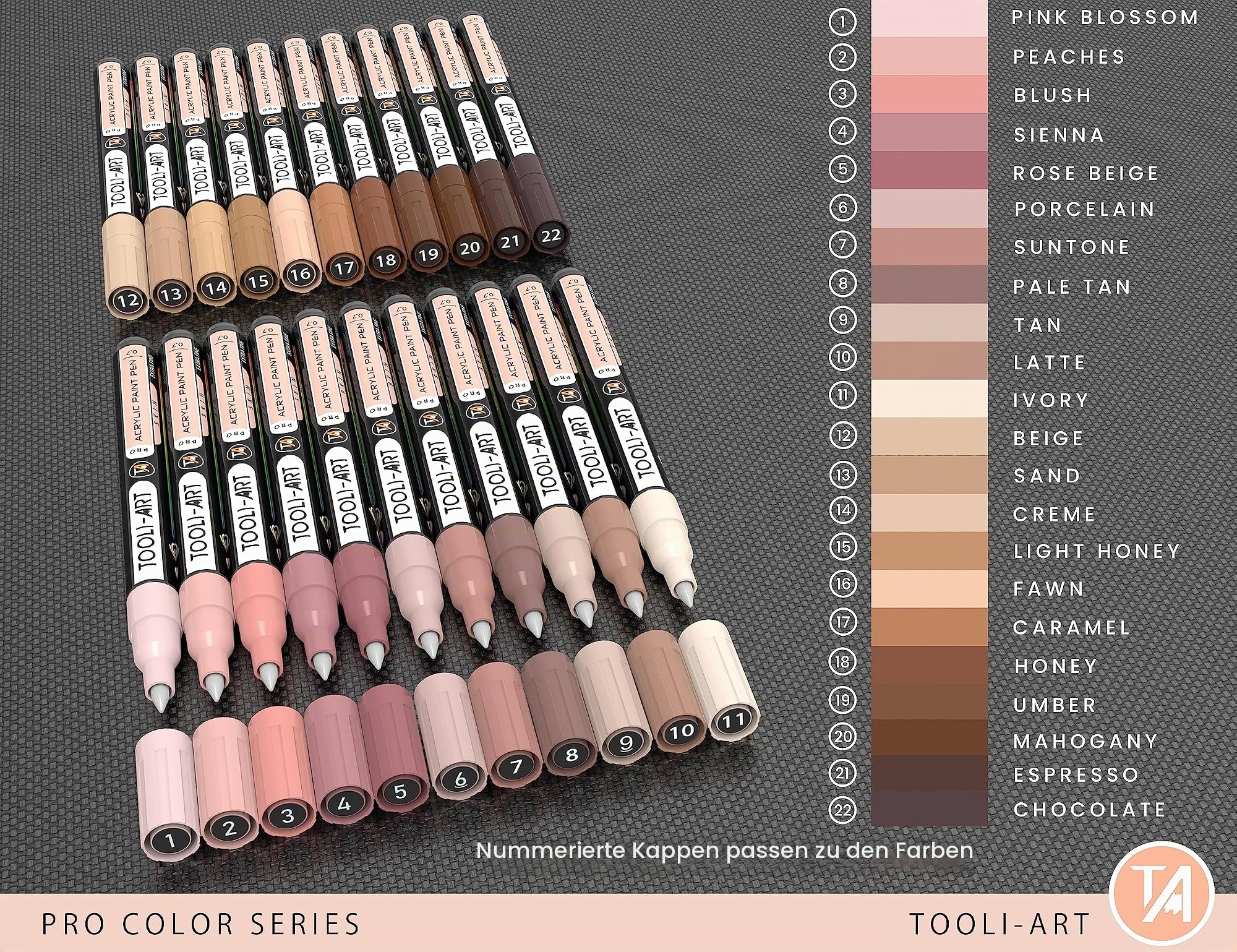 Acryl-Farbstifte, 22 verschiedene Hauttöne, Pro Color Series Marker-Set, 0,7 mm, extra feine Spitze für Steinmalerei, Glas, Holz, Metall, Leinwand. Ungiftig, auf Wasserbasis, schnell trocknend