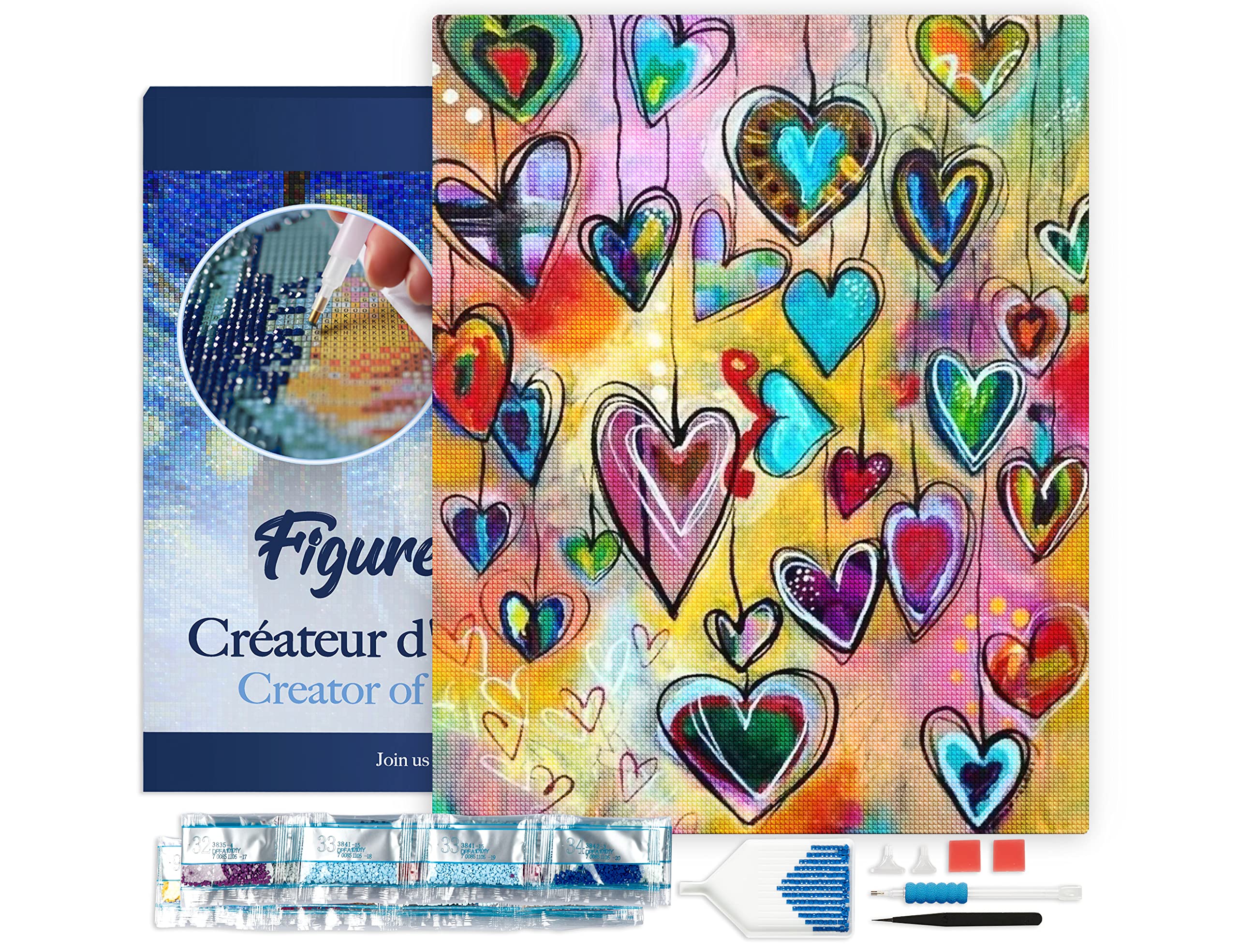 Figured’Art Diamond Painting Broderie Diamant 40x50cm Avec Cadre Toile Tendue Strass Perles Carrés - Coeurs - Kit Complet 5D DIY Activité Manuelle Loisirs Créatifs Adultes