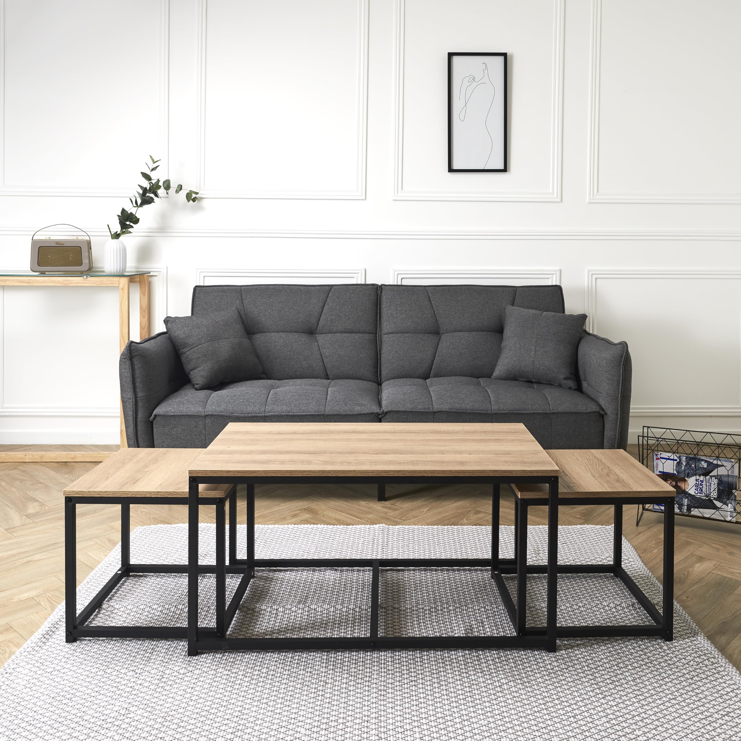 HOME DECO FACTORY - HD6579 Table Basse Industrielle Chic 3 Modules Seattle - Conçu pour Mobilier Bureau Gain de Place - Bois MDF et Métal - Dimensions 90 x 50 x 45 cm - Couleur Noir