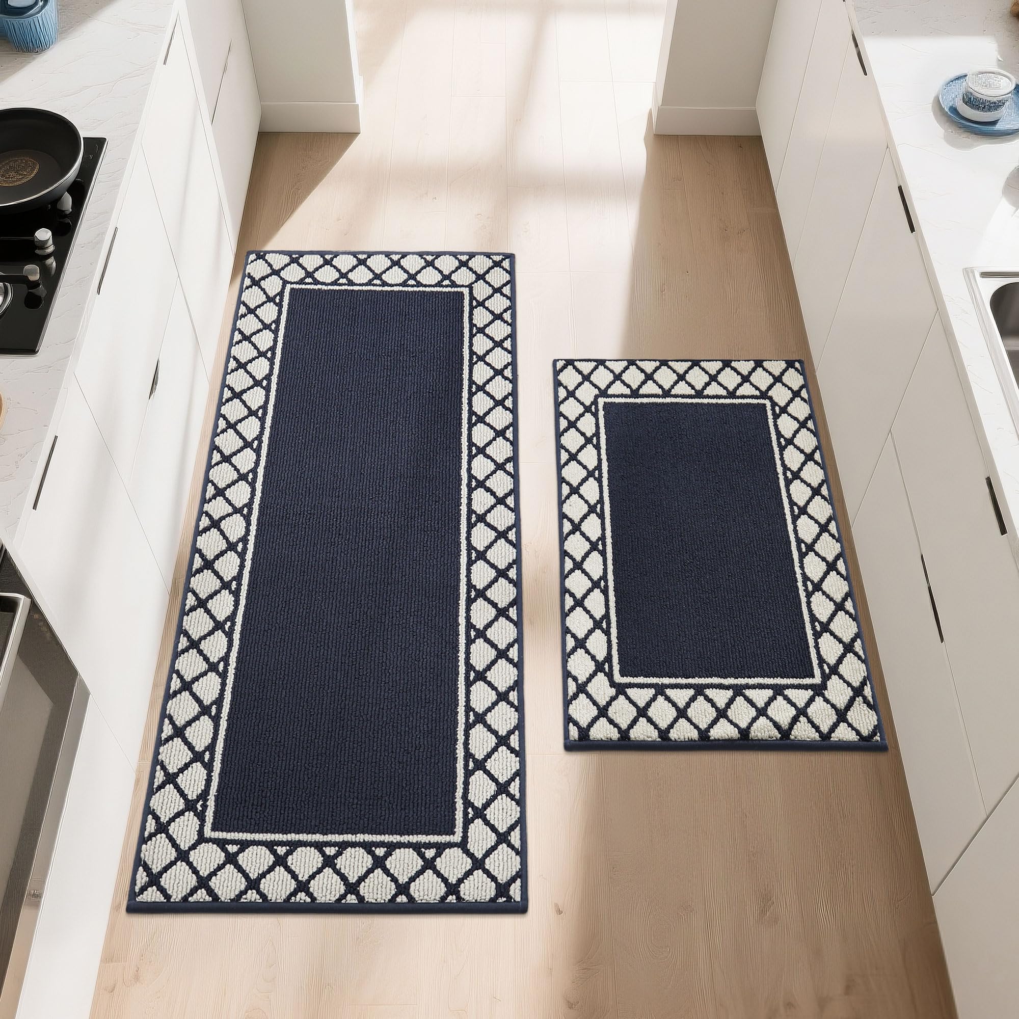 COSY HOMEER 2 Pieces Absorbent Kitchen Runner Rug Mats, 60x89cm+60x152cm, Extra Nonslip TPR Backed Carpet Rugs for Kitchen, Soft Standing & Machine Washable, Vacuum Cleaner Available No Curling, Navy