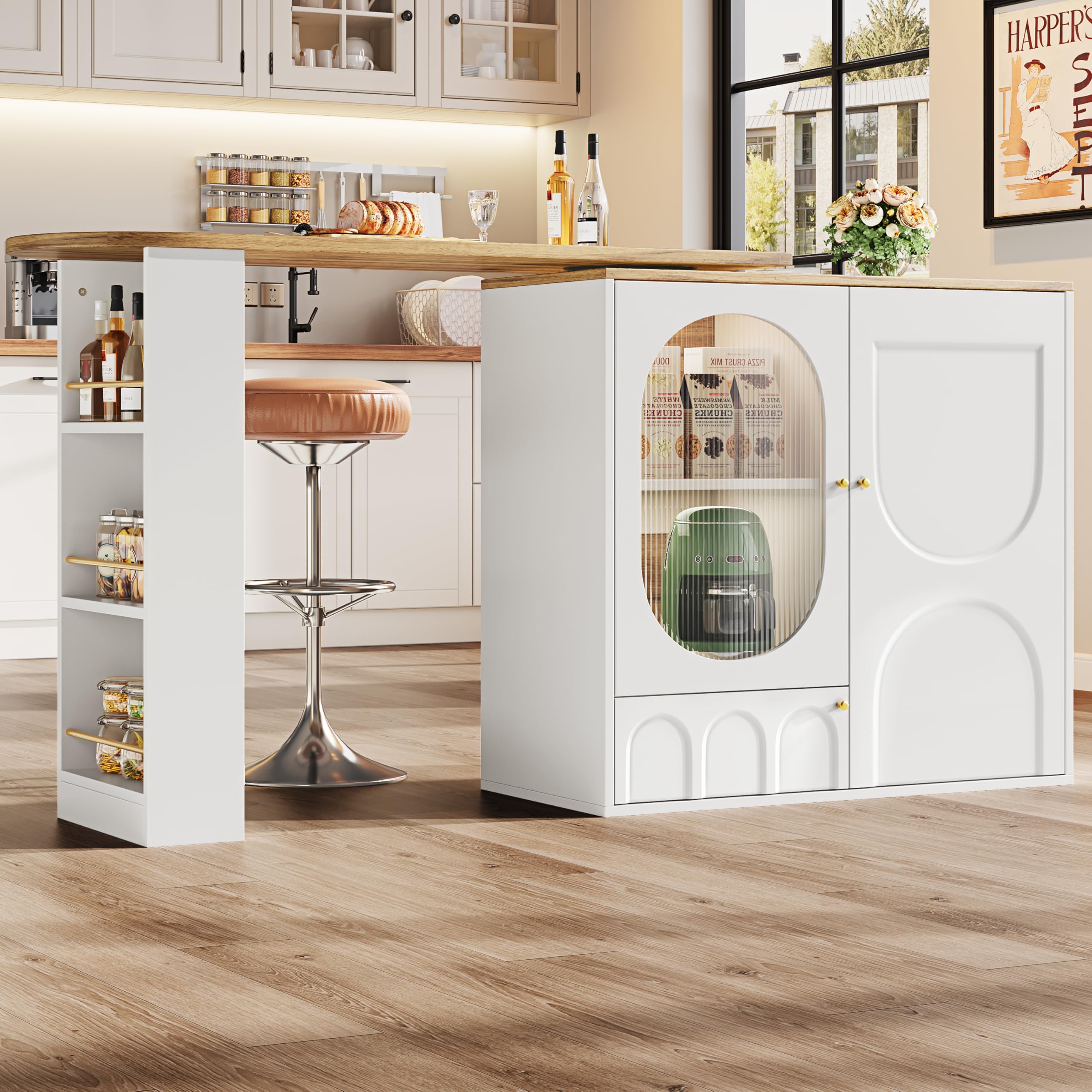 Mesa de bar giratoria 360° – Mesa alta (138 x 39 x 102 cm), isla de cocina blanca con espacio de almacenamiento, muebles de café, mostrador giratorio con tres puertas, estantes para puertas y