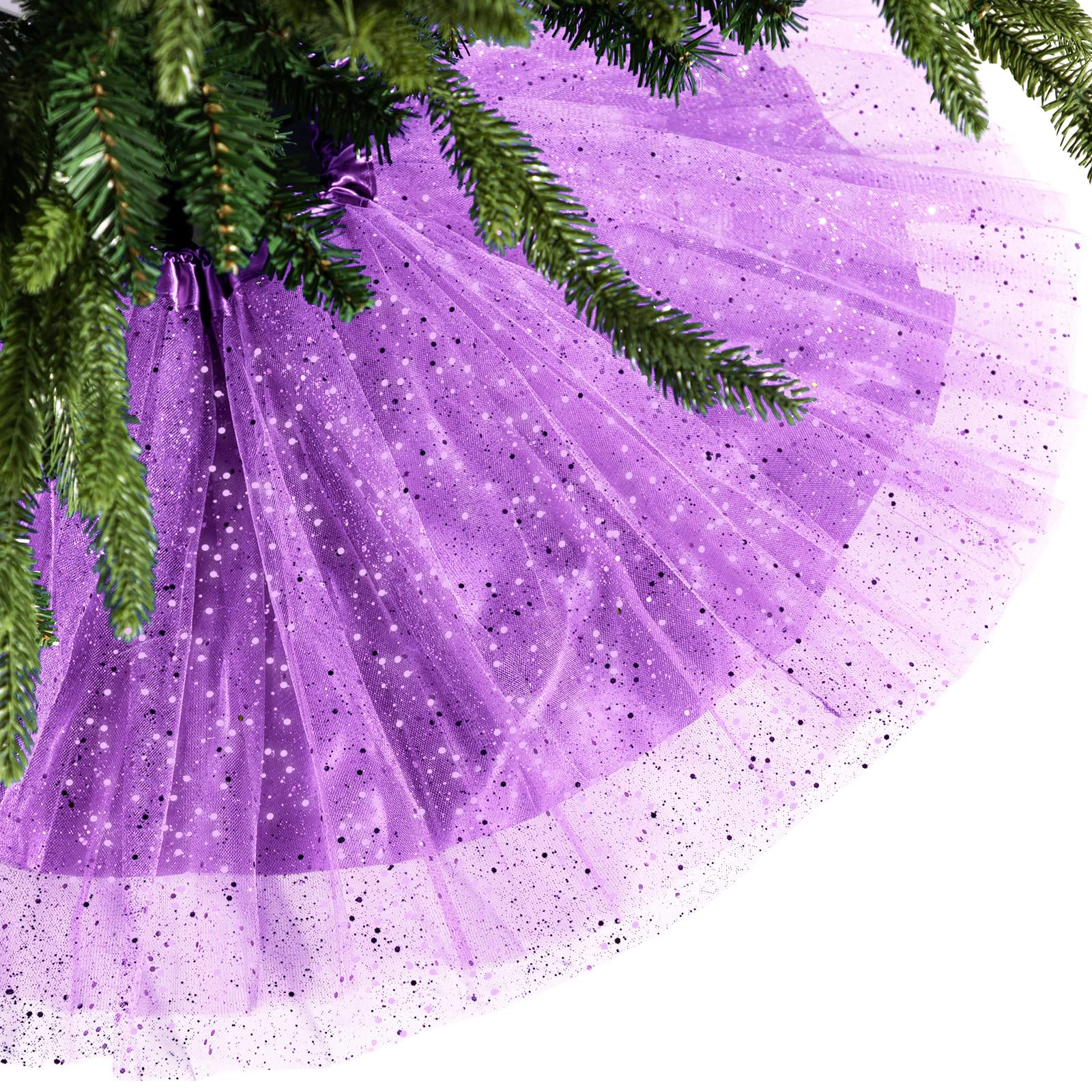 Skylety 48 Inch Christmas Tree Skirt Ruffle Tulle Sequin Round Glitter Double Layers Xmas Tree Skirt for Christmas Holiday New Year Wedding