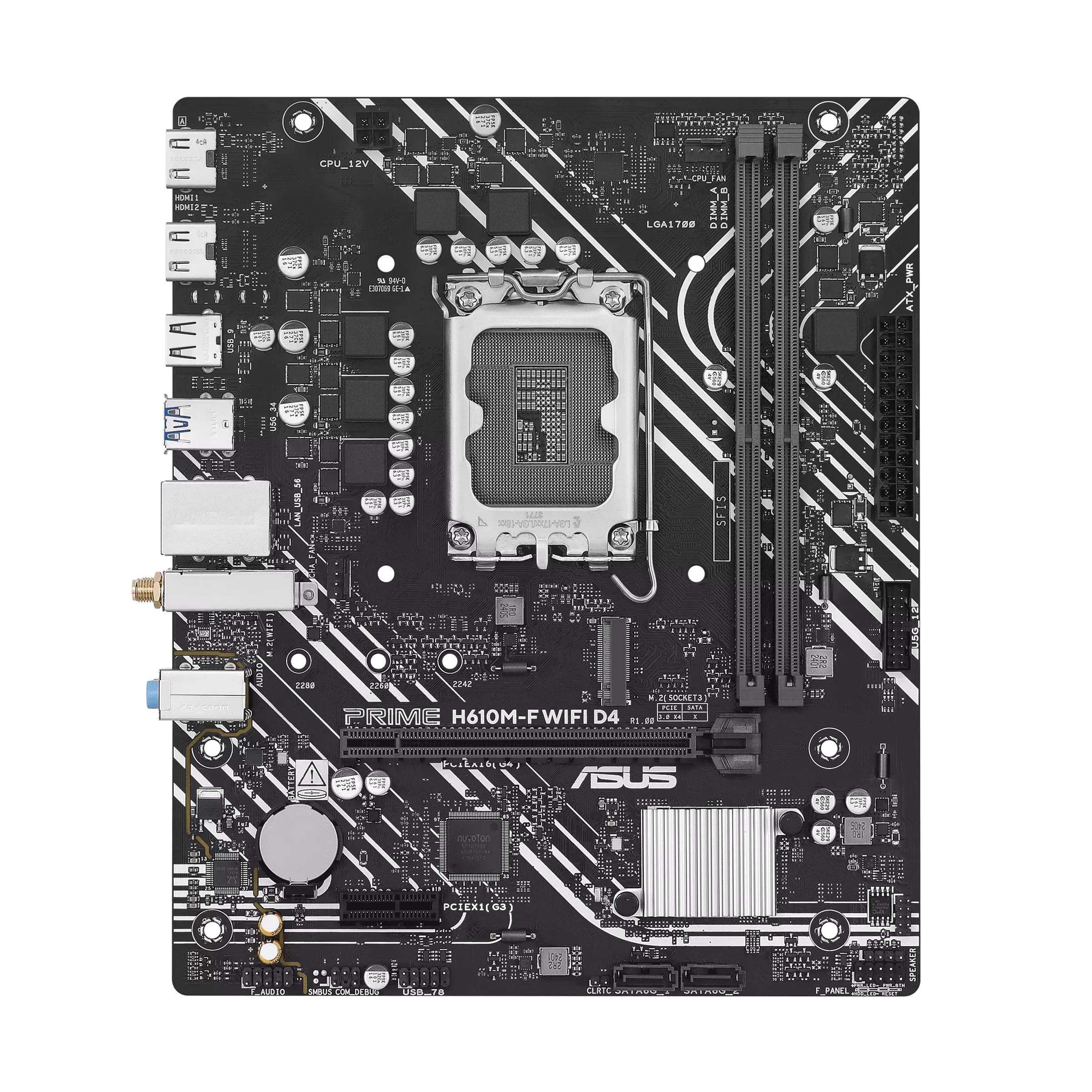 ASUS Prime H610M-F WiFi D4, an Intel® H610 LGA 1700 Micro-ATX Motherboard with PCIe 4.0, DDR4, WiFi 6, Realtek 1Gb Ethernet, 2 x HDMI™, M.2 Slot, SATA 6 Gbps, USB 5Gbps Ports