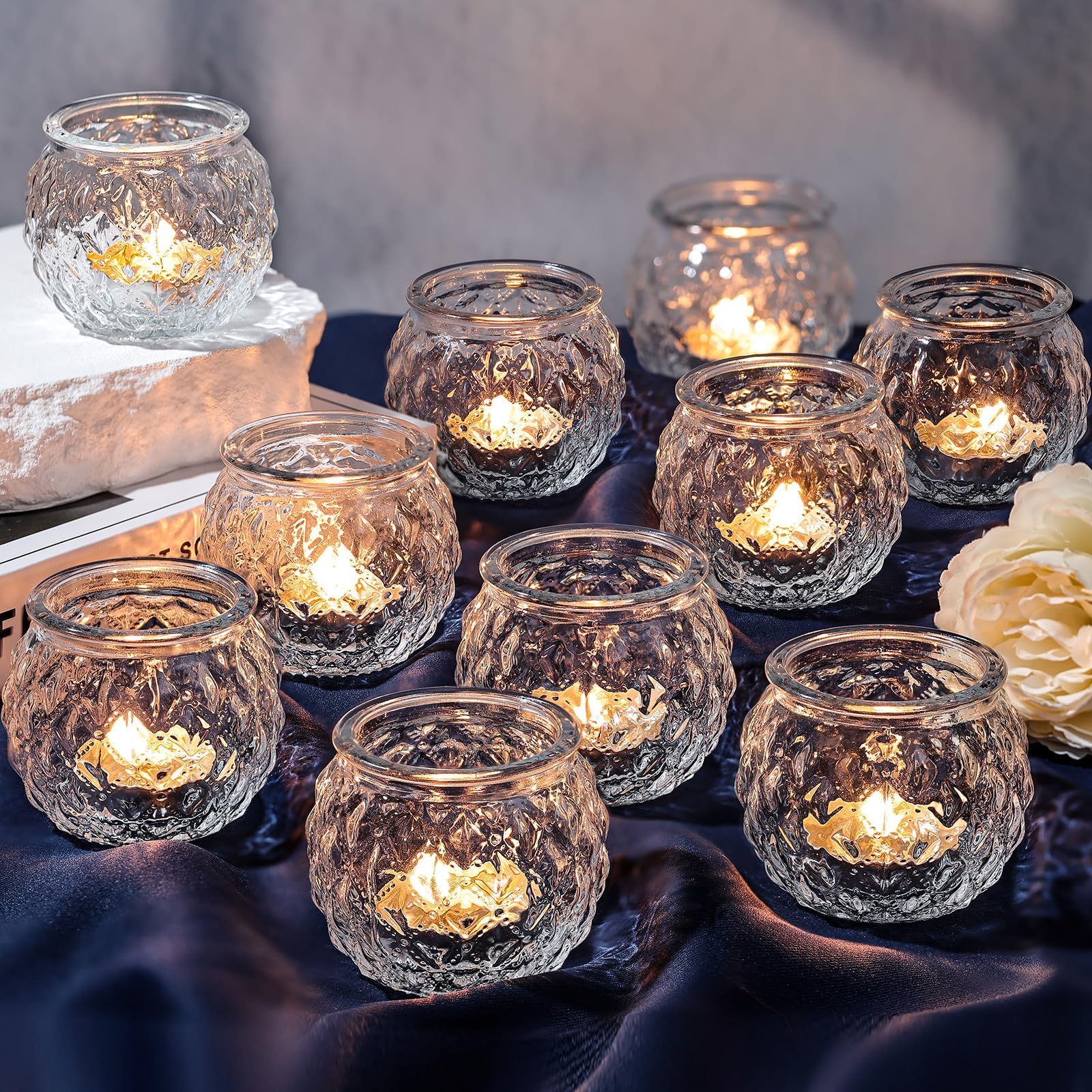 DARJEN Clear Votive Candle Holders Set of 24- Round Glass Candle Holders Bulk for Tea Light Candle, Diamond Texture Candle Votives for Wedding Centerpiece, Living Room & Home Table Decor