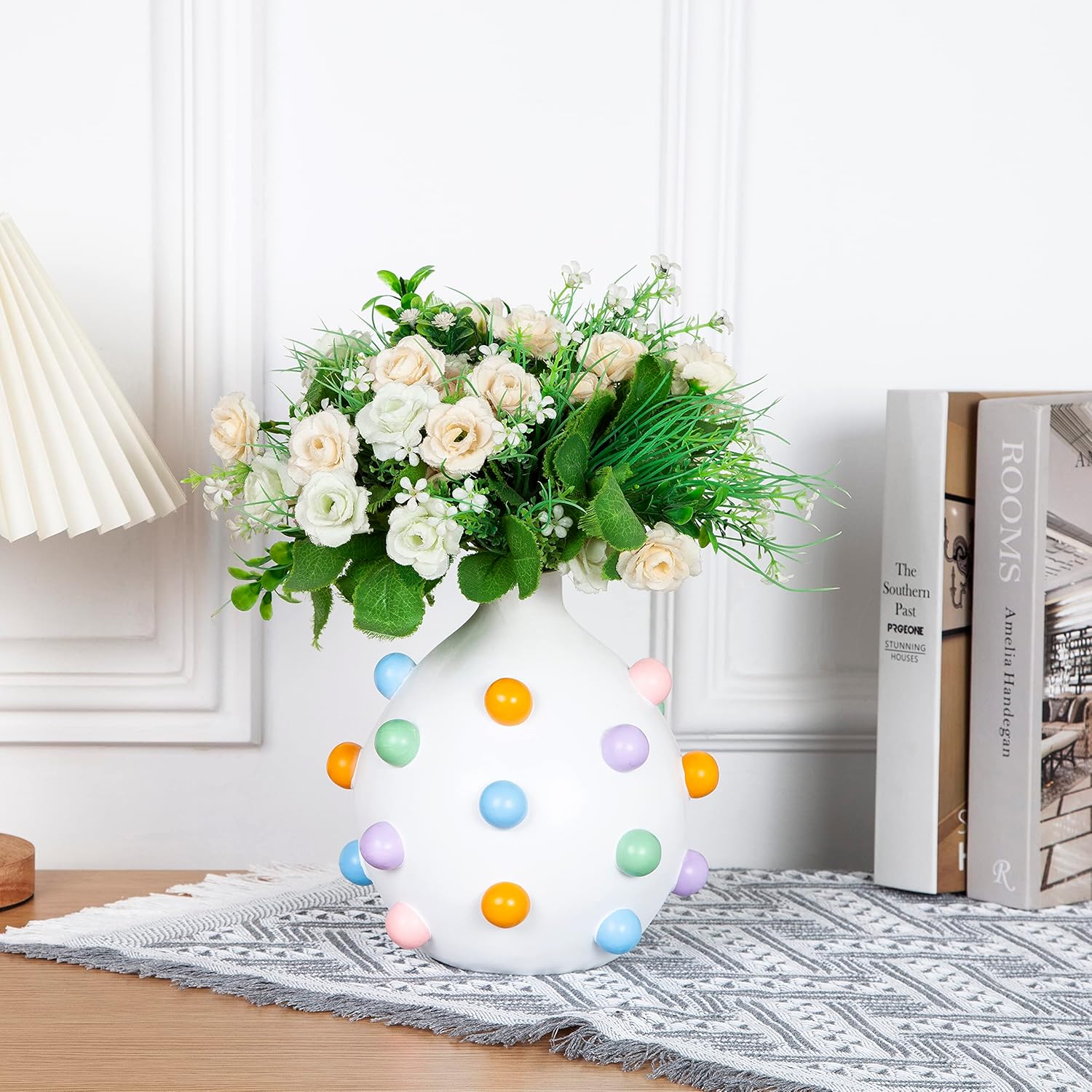 GUTE Bubble Multicolor Vase Detailed White Ceramic Planter, 9.25" Flower Plant Vase, Carved Pomponette Pastel Colors Classic - Plant Pot Colorful Round Bubble Detail for House