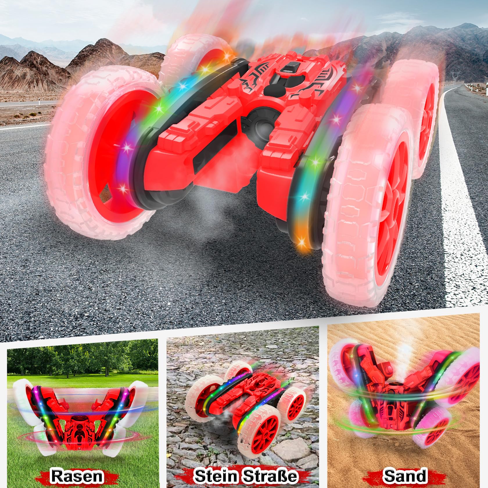 MidiVix Ferngesteuertes Auto für Kinder, Cool Lights 360° Spin Double Sided Flips RC Autos, Outdoor 4WD Off Road Stunt Car, Spielzeug für Jungen Mädchen Alter 6-12 Geburtstag Geschenk Rot