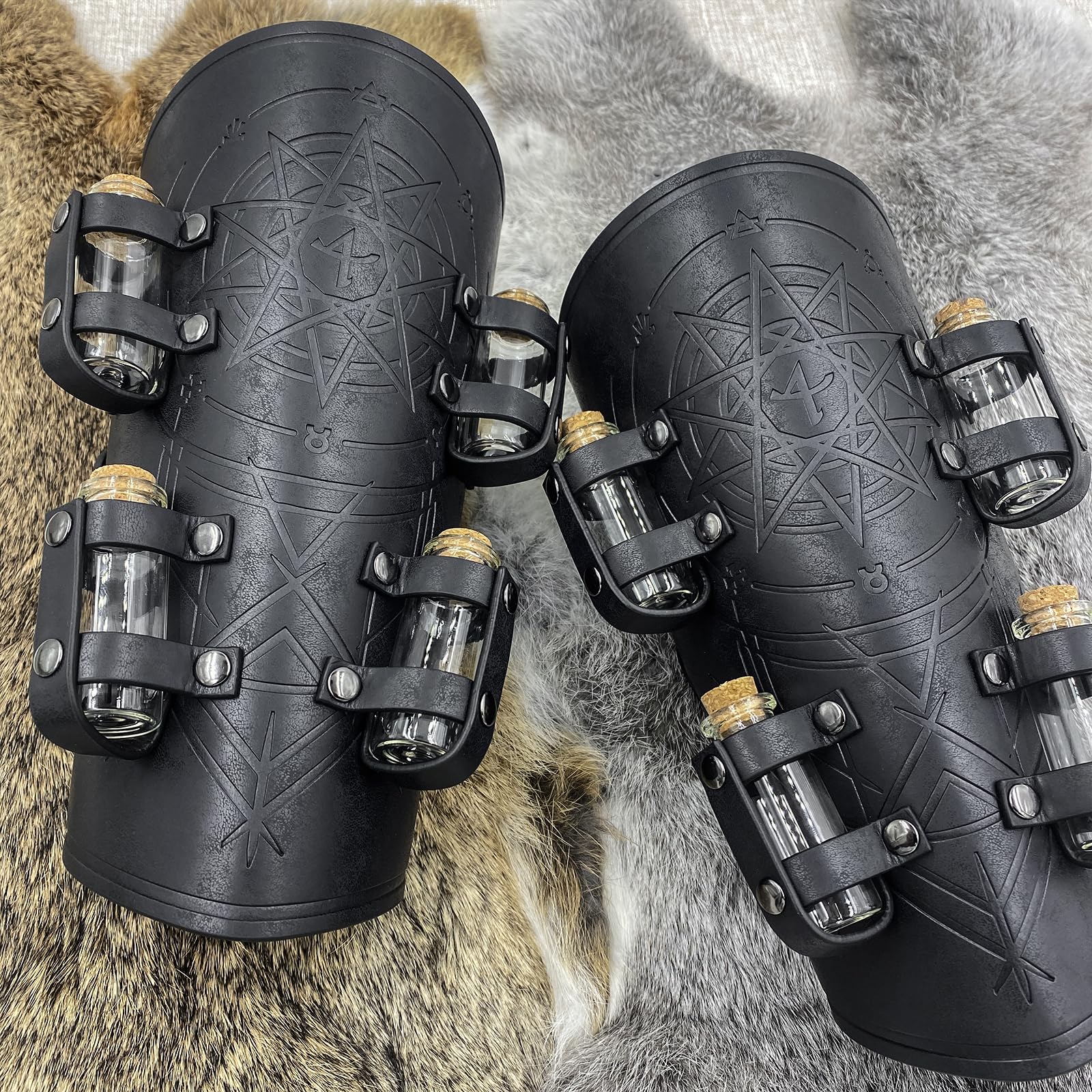 HiiFeuer Medieval Embossed Alchemy Bracers with 8 Cork Vials, Fantasy Faux Leather Buckle Arm Guards Magic Archer Gauntlets