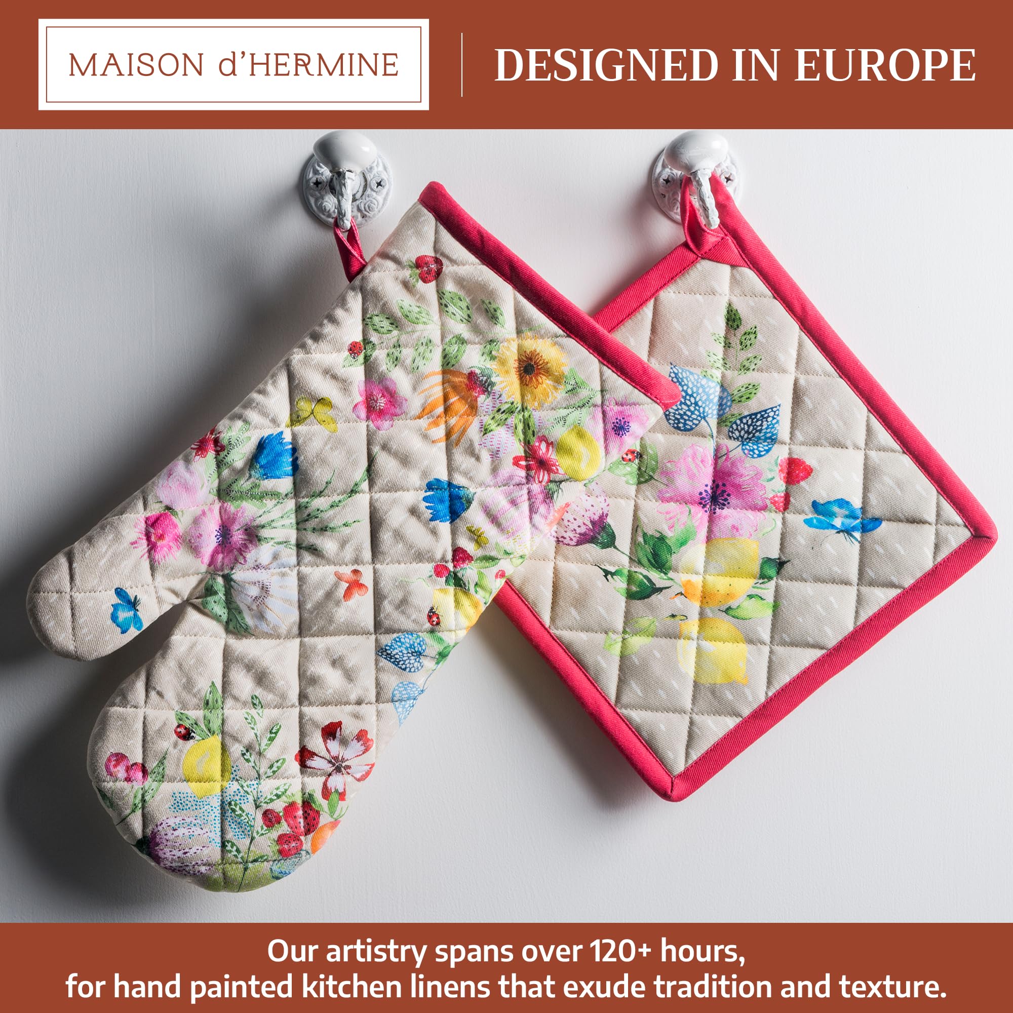Maison d'Hermine, set di guanti da forno e presine in 100% cotone (19,1 x 33 cm e 20,3 x 20,3 cm) resistenti al calore, per cucina, cottura e barbecue, morbidi, facili da usare, decorazioni pasquali