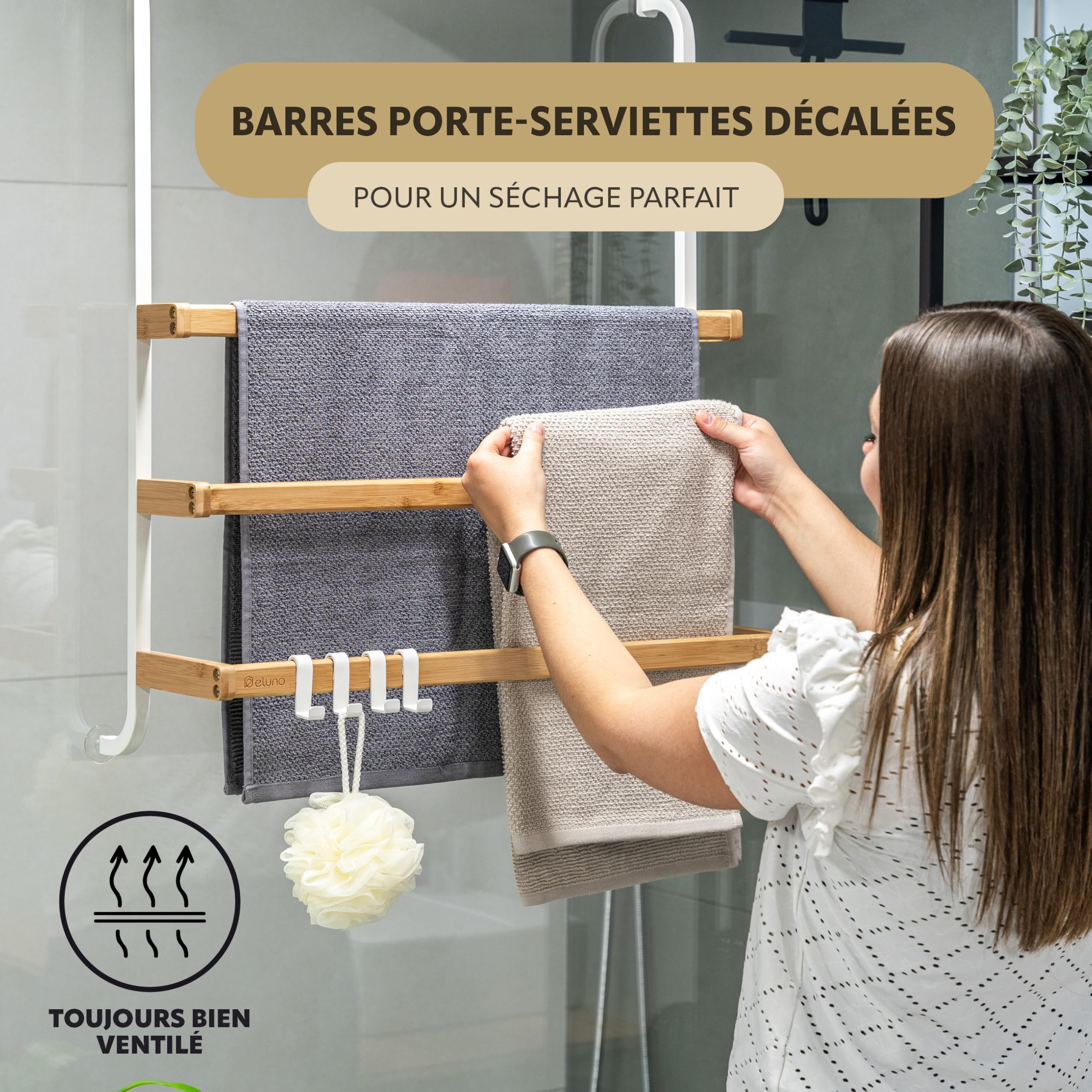eluno Porte-serviettes pour paroi de douche en verre en métal et bambou, porte-serviettes avec 3 barres, 4 crochets pratiques, à suspendre sans perçage, blanc