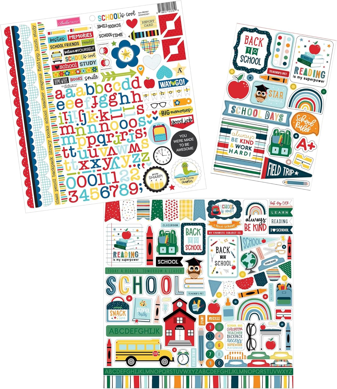 School Scrapbook Stickers with Alphabet, Apple, Bus