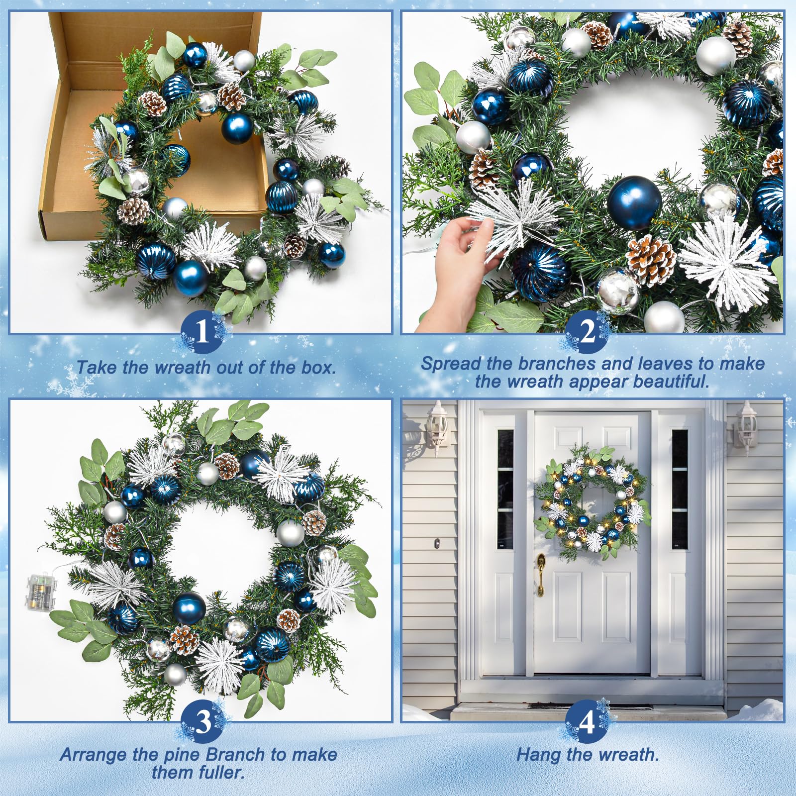 Christmas Wreath with Lights,24 Inch Christmas Wreath for Front Door ...