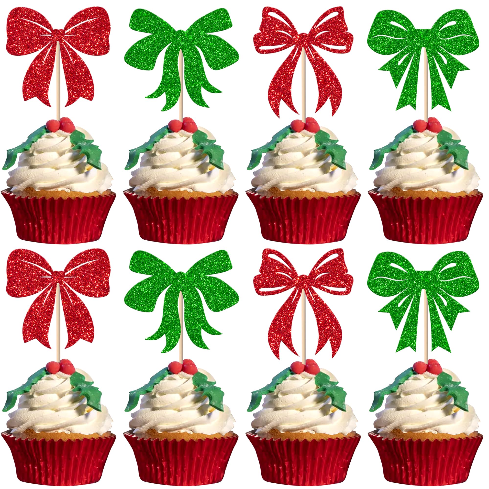 Xsstarmi 24 Pack Christmas Bow Cupcake Toppers Glitter Bow Themed Birthday Cupcake Picks Bowknot Cupcake Decorations for Wedding Engagement Bridal Shower Birthday Party Cake Decorations Red Green โ image 1