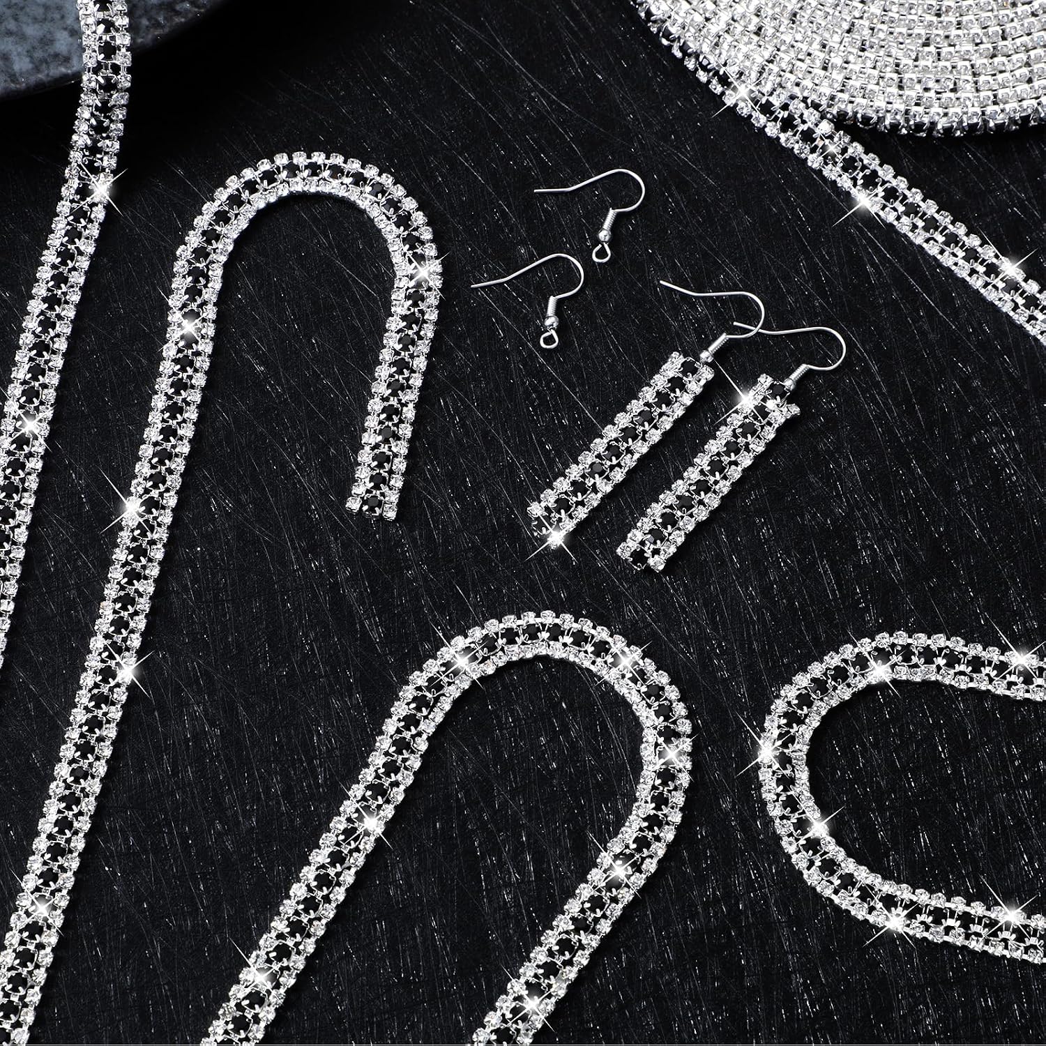 Junkin 3 Rows 6 Yards Crystal Rhinestone Trim Close Chain Bling Diamond Rhinestone Jewelry Chain for Crafts DIY Sewing Clothing Wedding Party Making Decorations Bridal Embellishments(Black and White)