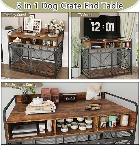Miniatura 9 de Fulhope Muebles de jaula para perros, mesa auxiliar de madera para perros, perrera de 43 pulgadas con 3 cajones de almacenamiento, jaula de perro
