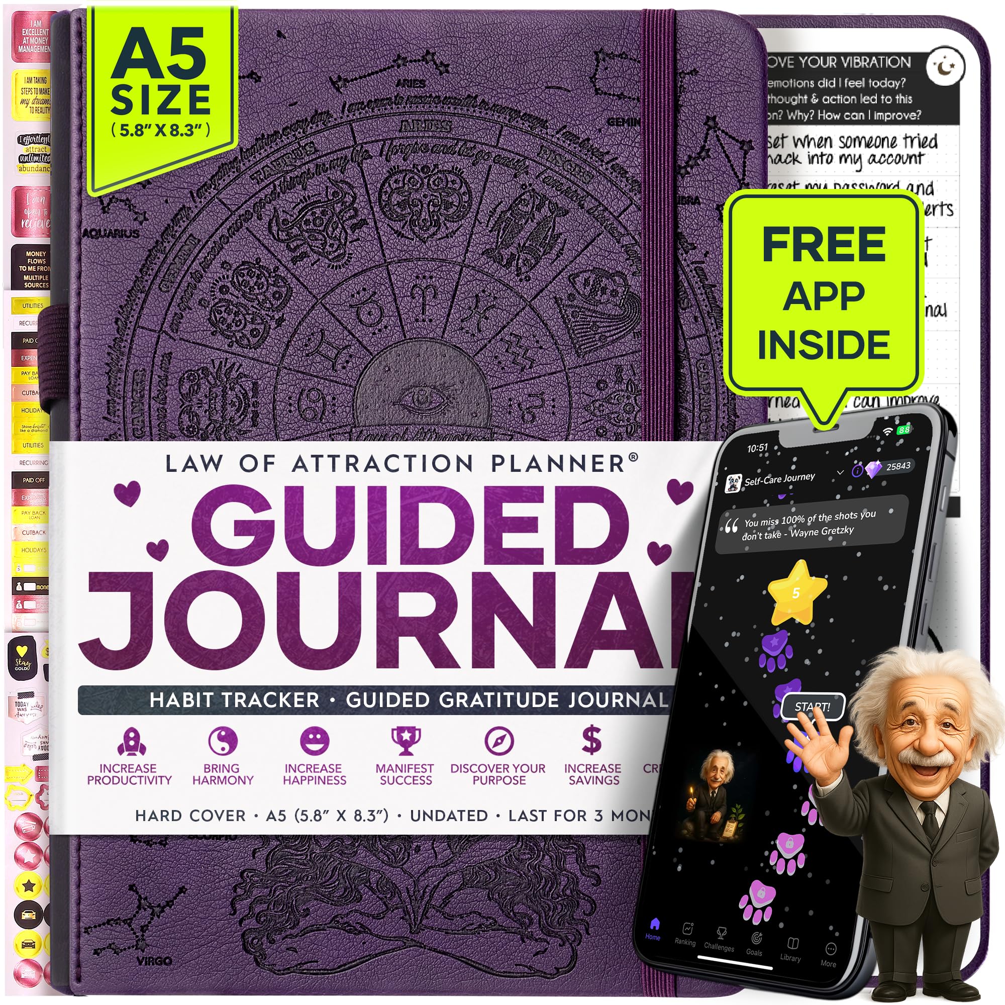 Guided Journal - Gratitude & Mental Health Journal for 5 Minute Daily | 90-Day Undated Planner for Positivity & Manifestation | Guided Mindfulness, Self Care & Reflection | Vision Board + Stickers