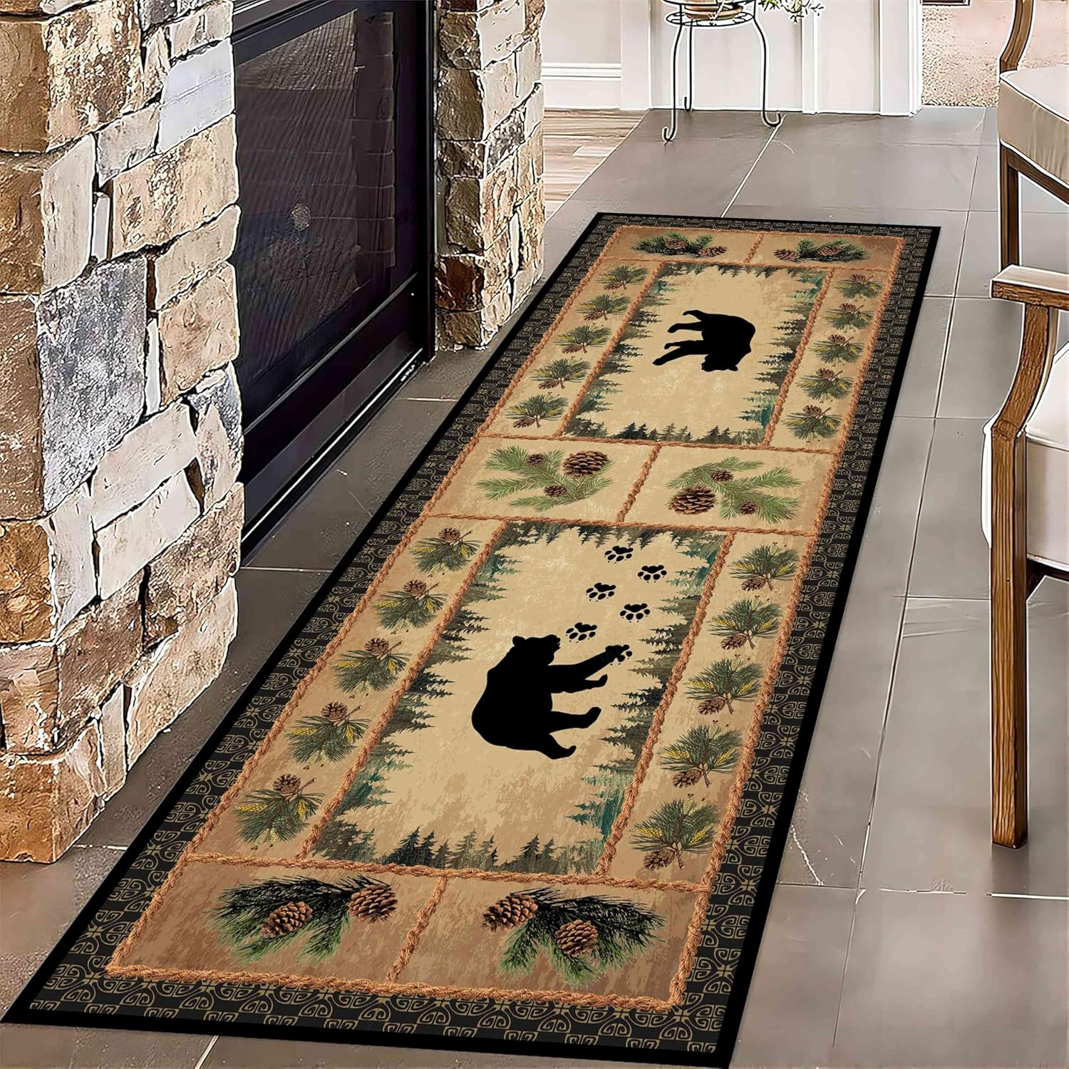 Animal Runner Hallway Rug, 2x6ft Pine Cone Long Hallway Runner Rug, Washable Kitchen Black Bear Runner Rug, Non Slip with Rubber Backing Bedroom Rug for Living Room Bathroom Runner Rug