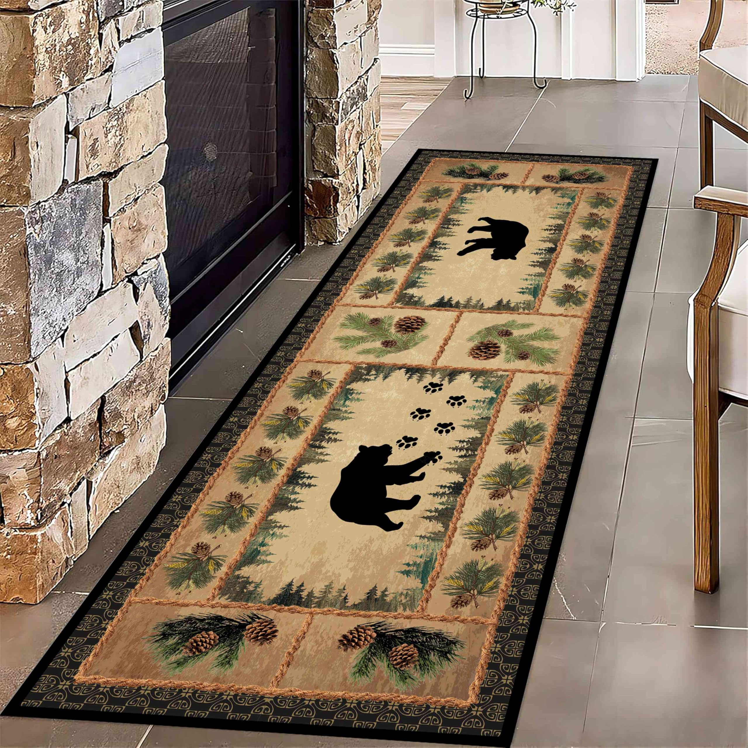 MUOUCTE Animal Runner Hallway Rug, 4x12ft Pine Cone Long Hallway Runner Rug, Washable Kitchen Black Bear Runner Rug, Non Slip with Rubber Backing