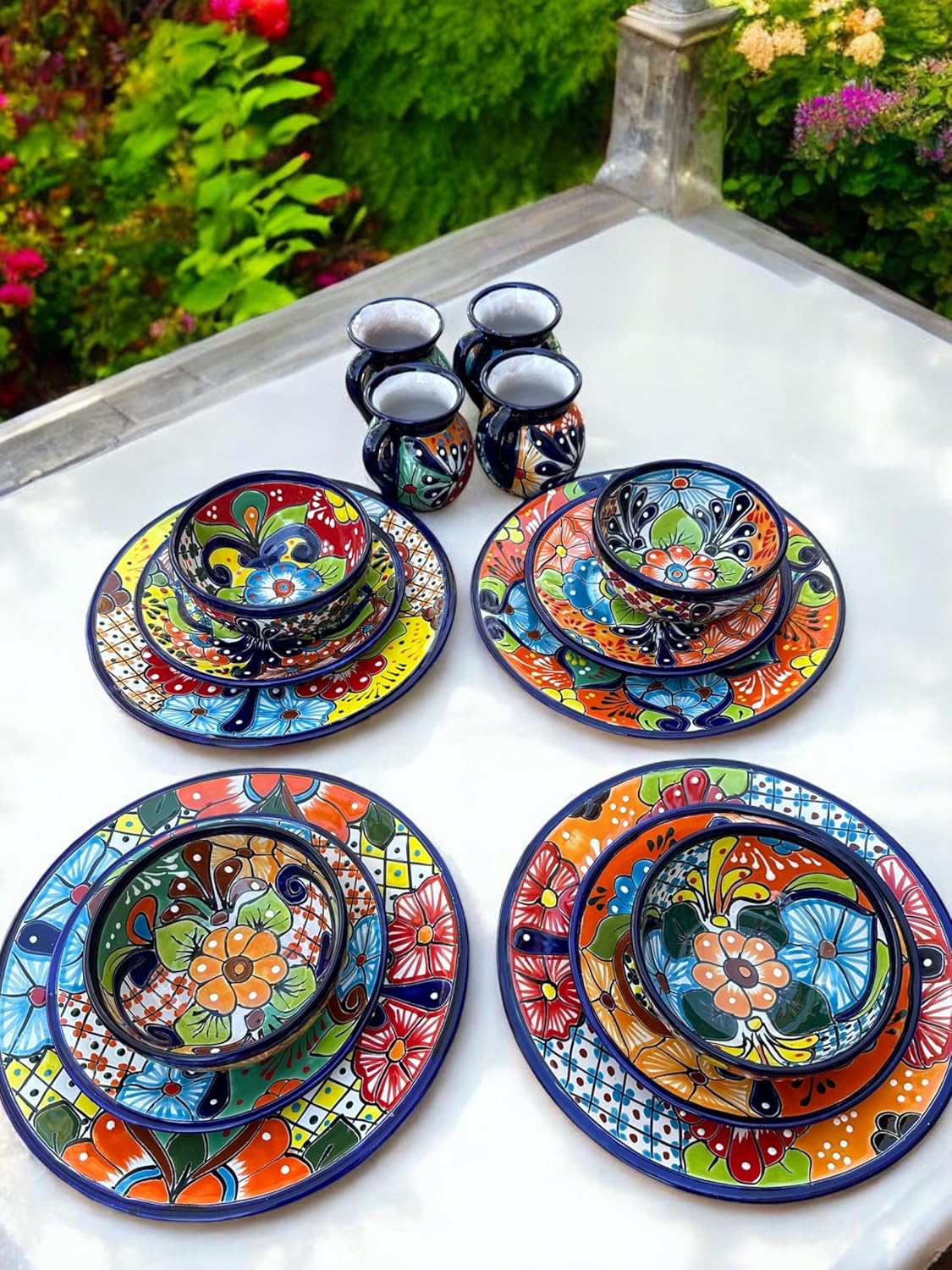 16-Piece Talavera Dinnerware Set | Hand-Painted Mexican Pottery with 4 Large 11.5” Plates, 4 Small 8” Plates, 4 Bowls, and 4 Mugs | Unique, Artisan-Made Ceramic Dish Set