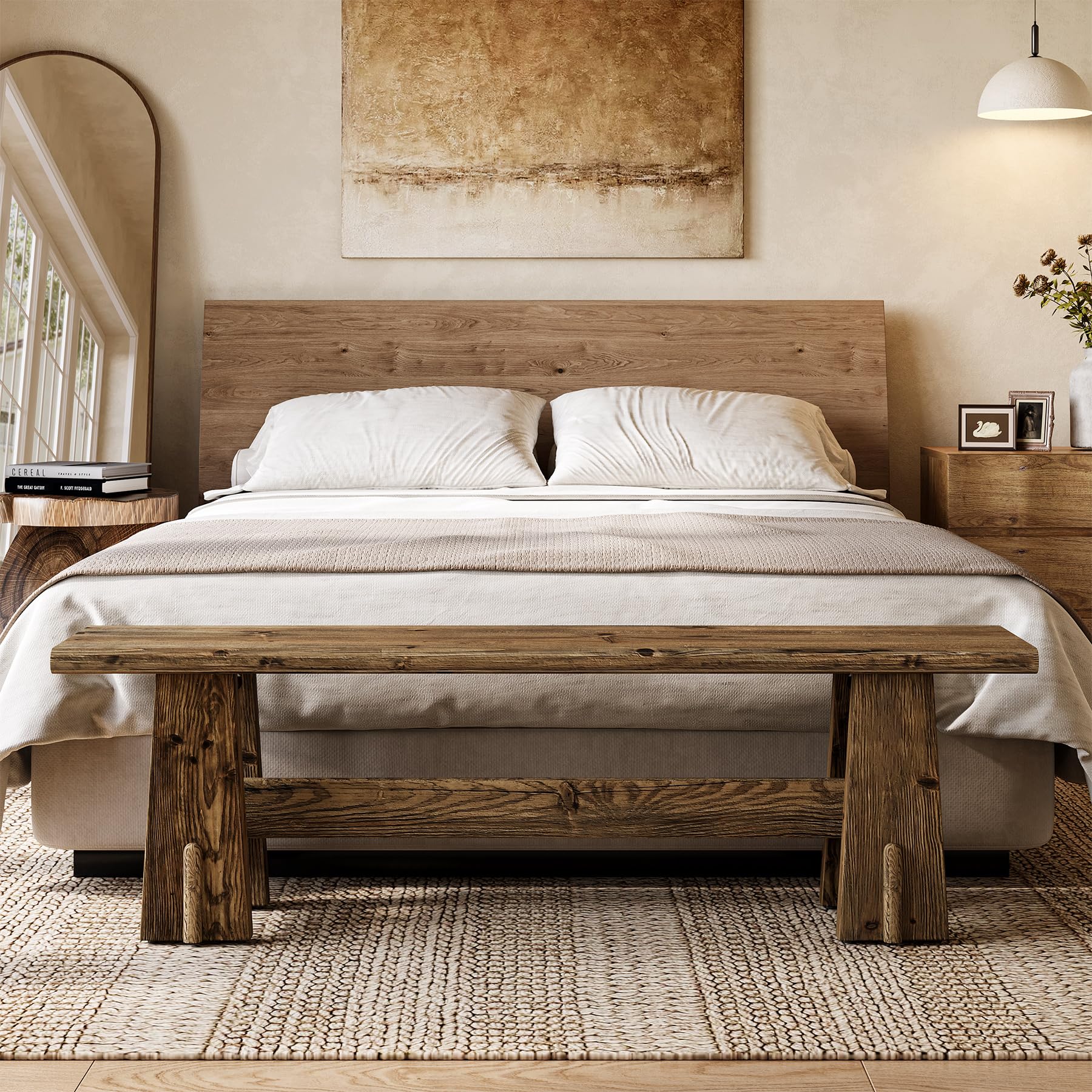 LITTLE TREE 59" Solid Wood Bench, Farmhouse Entryway Bench, Long Retro Bench for End of Bed, Dining Room, Entryway, Hallway, Living Room, Bedroom, Kitchen, Sturdy Frame Design, Rustic Brown