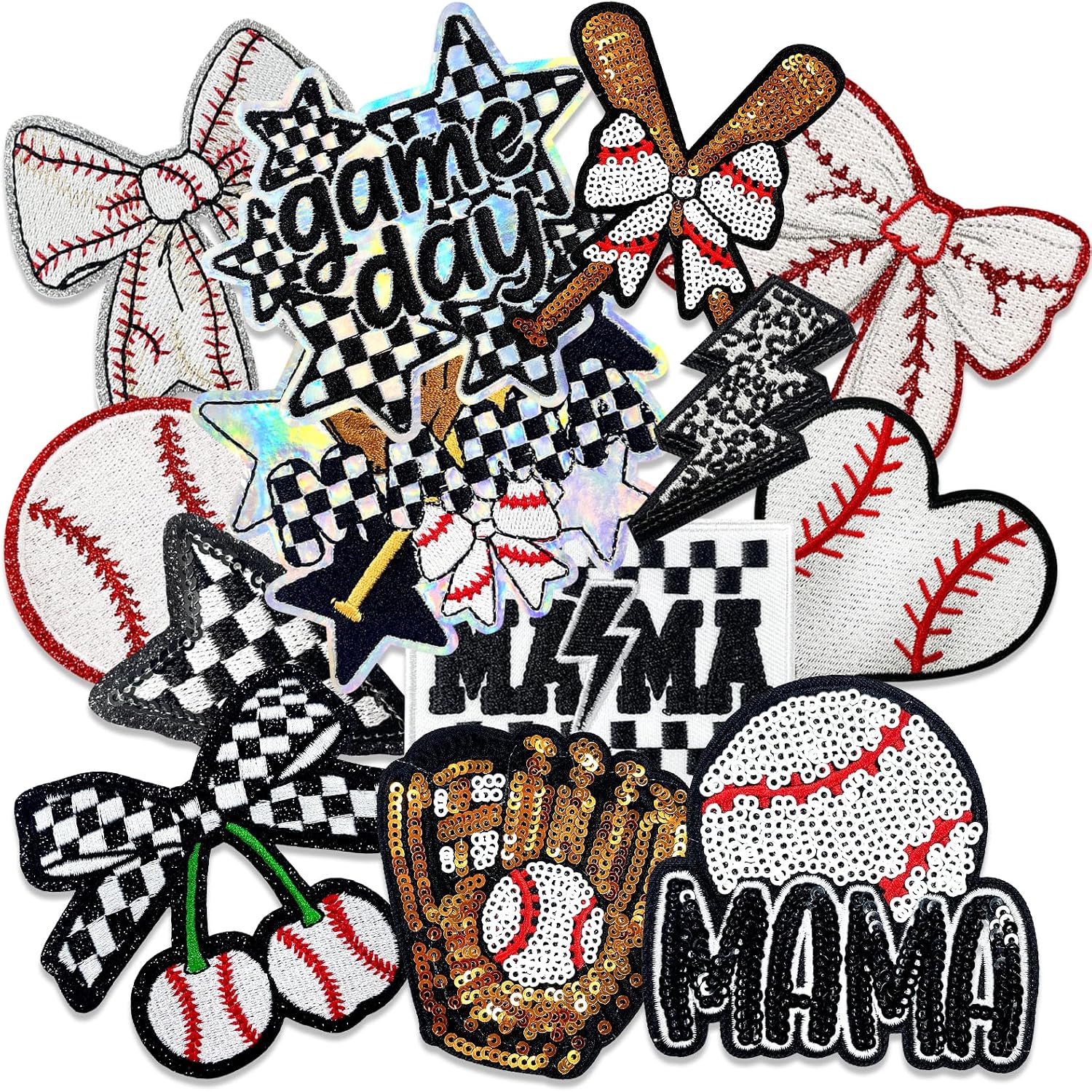 CY Iron On Patches Chenille Baseball Red Sequin MOM Embroidered Applique Large Patch Accessories DIY Decoration for Clothes Jackets Uniform Backpack