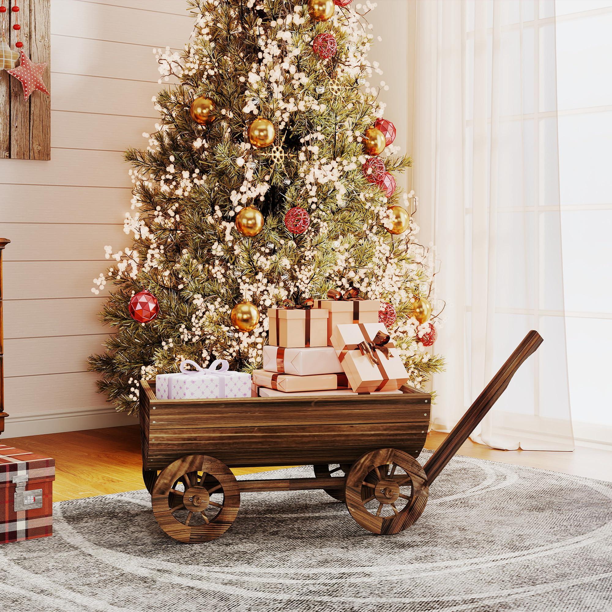 Outsunny Carrito de Madera Decorativa con 4 Ruedas y Mango 115x40x54,5 cm | Jardinera Exterior Móvil con Orificio de Drenaje, Macetero Exterior para Cultivos, Plantas, Jardín, Terraza, Carbonizado
