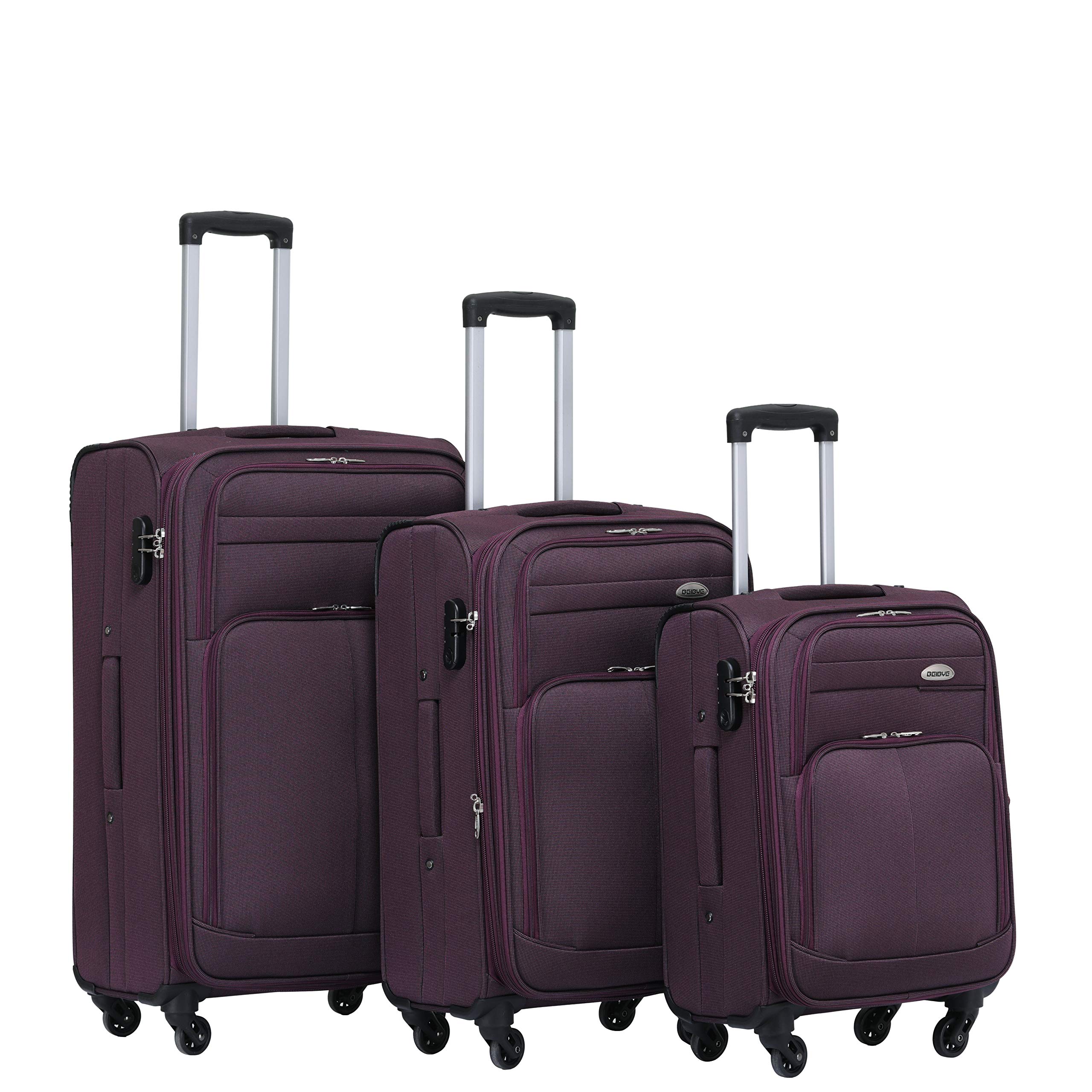 BEIBYE Stoffkoffer Kofferset mit Außentaschen, Erweiterbarer Trolley Reisekoffer mit Zahlenschloss und Namensschild, Leichter Softshell Koffer mit Rollen
