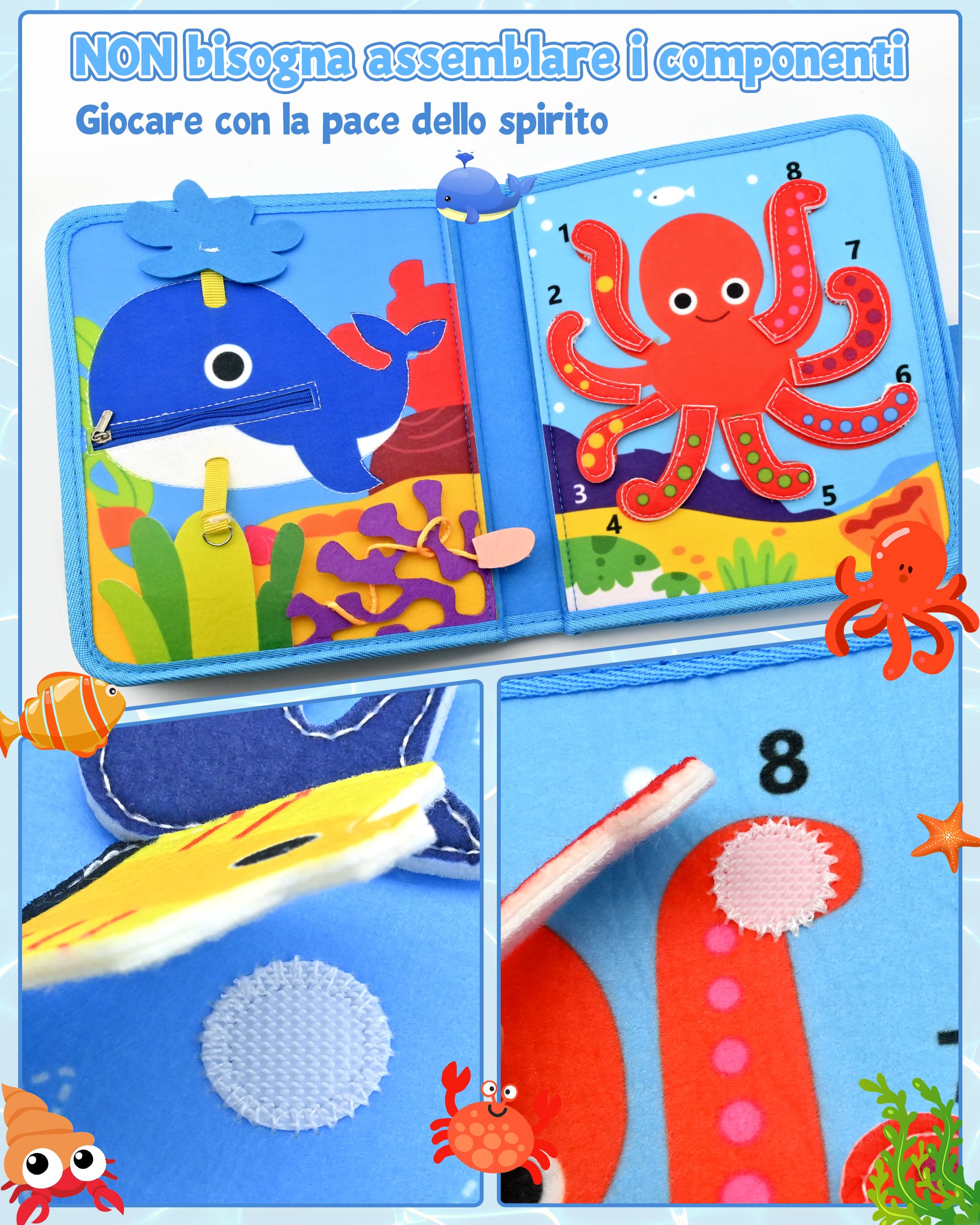 Busy Board Libro Montessori Interattivo 1 Anno, Busy Book sensoriale educativo, Giochi Montessori 1 2 3 4 Anni, Pannello di Feltro attività, Valigetta Montessori Bambini (Oceano)