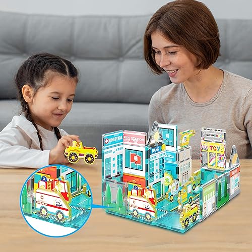 Miniatura 2 de PicassoTiles 8 piezas de bloques de construcción magnéticos Metro City 8 vehículos magnetizados figuras de acción compatibles con imanes