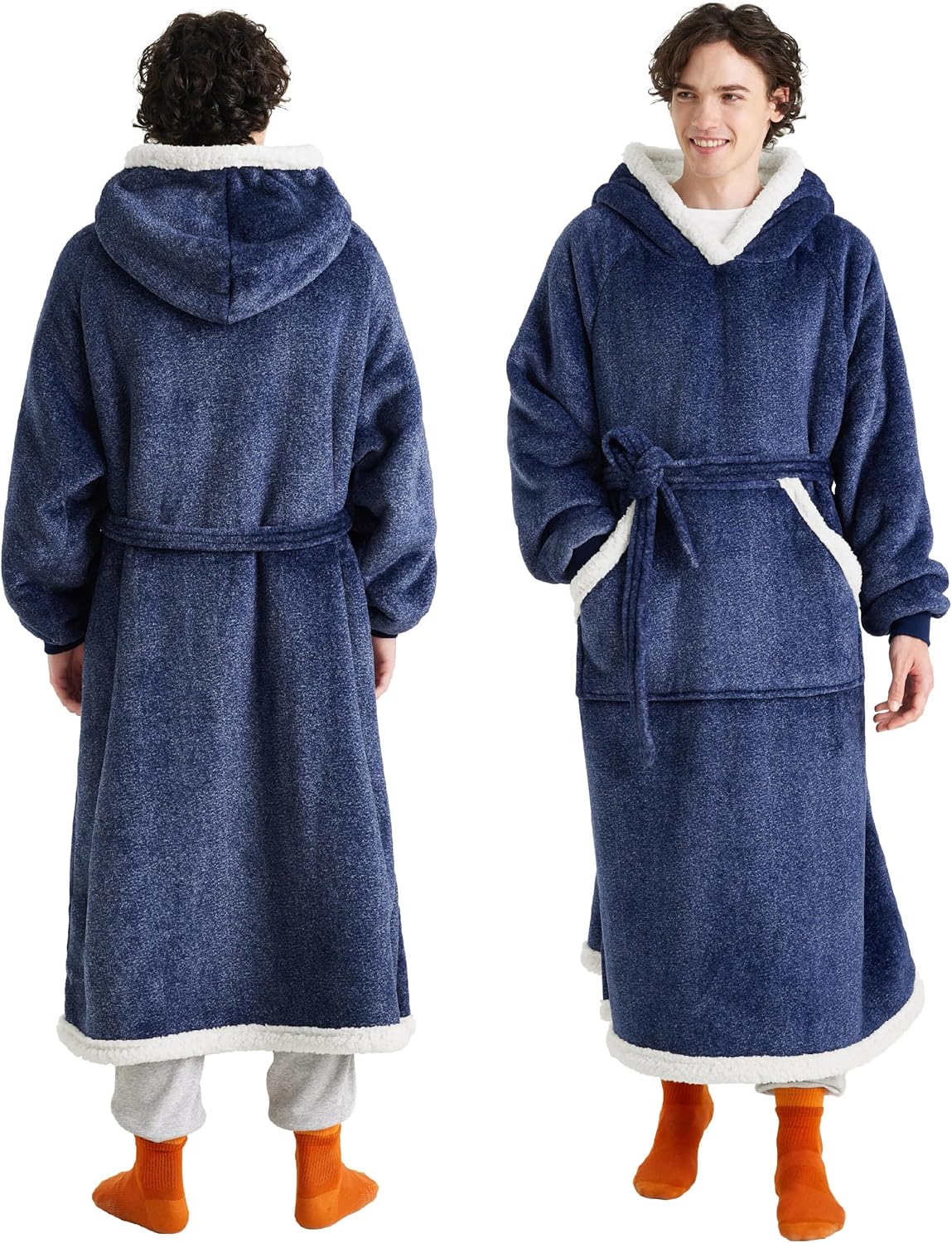 Bedsure Wearable Blanket Hoodie, Long Hooded Blanket Sweatshirt as Christmas Birthday Gifts for Men, Cozy Sherpa Hoodie for Adult, Oversize, Ocean Blue