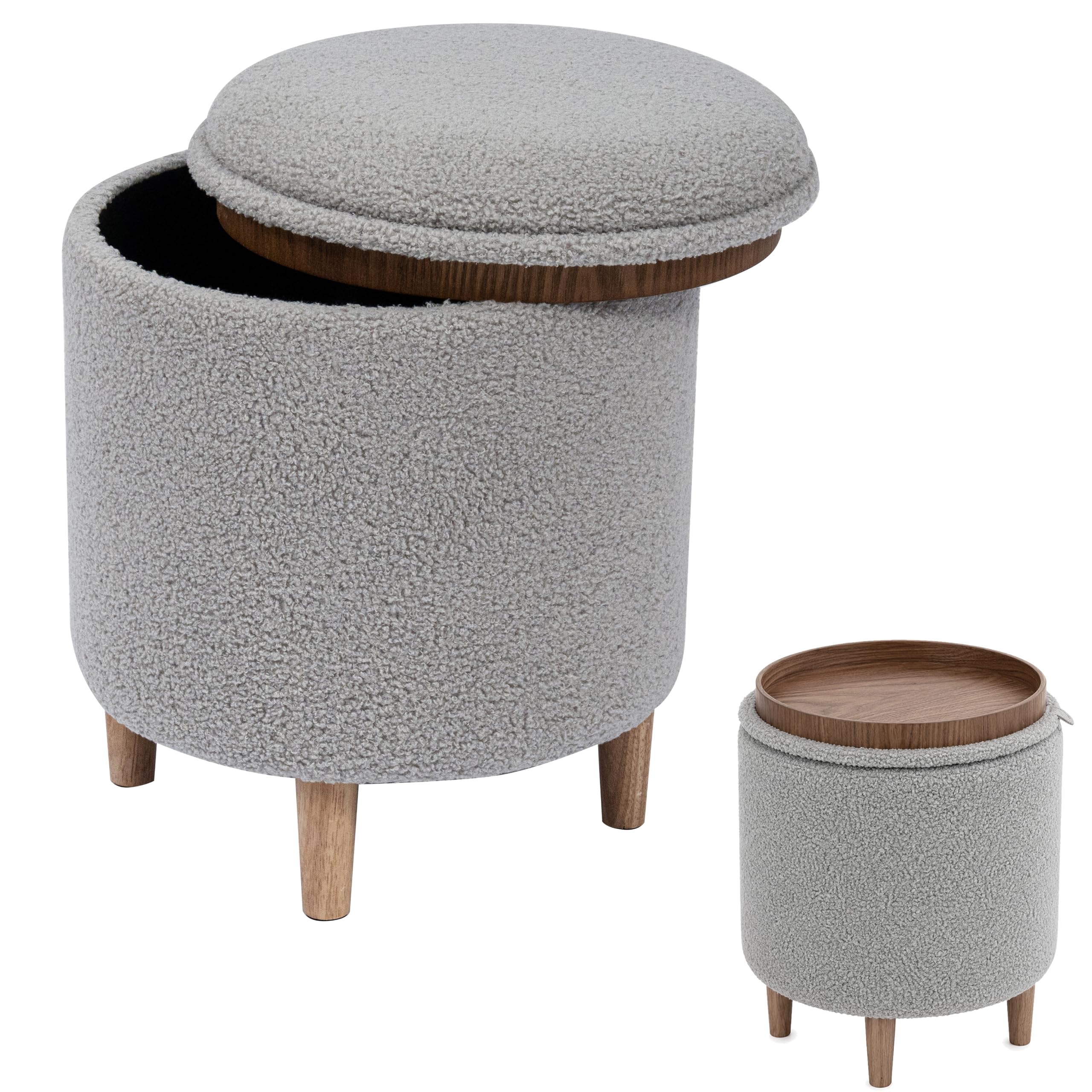 Puff Almacenaje, 45.5xØ36, Banco de Almacenamiento, Reposapiés con Patas, Otomana, Boucle, Reposapies Sofa, Taburete almacenaje, Banco almacenaje, Mesa Madera Asiento (Gris, Borrego)