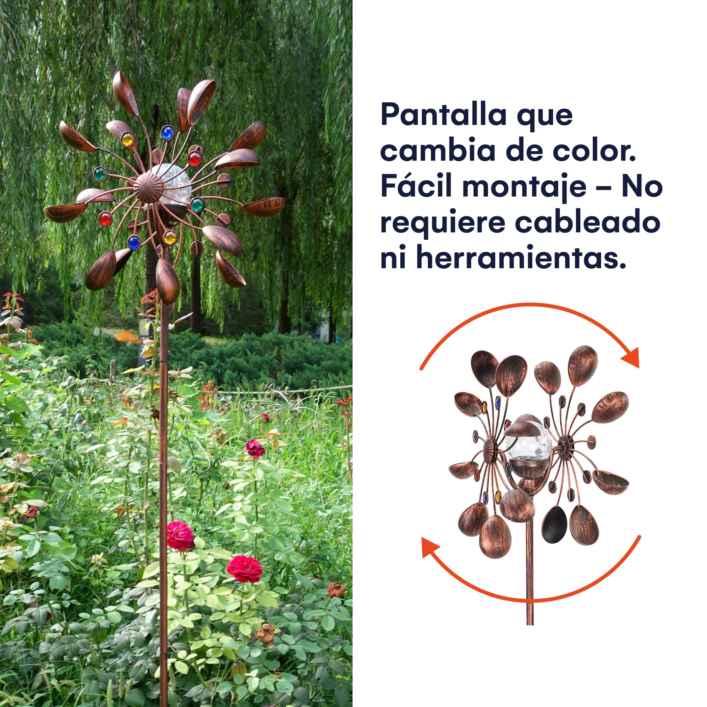 Molinillo de Viento Solar de 75 Pulgadas - Adorno de jardín con LED Que Cambia de Color, Bronce Antiguo y Doble dirección de Movimiento para césped, Patio y jardín con Estabilidad de por Vida