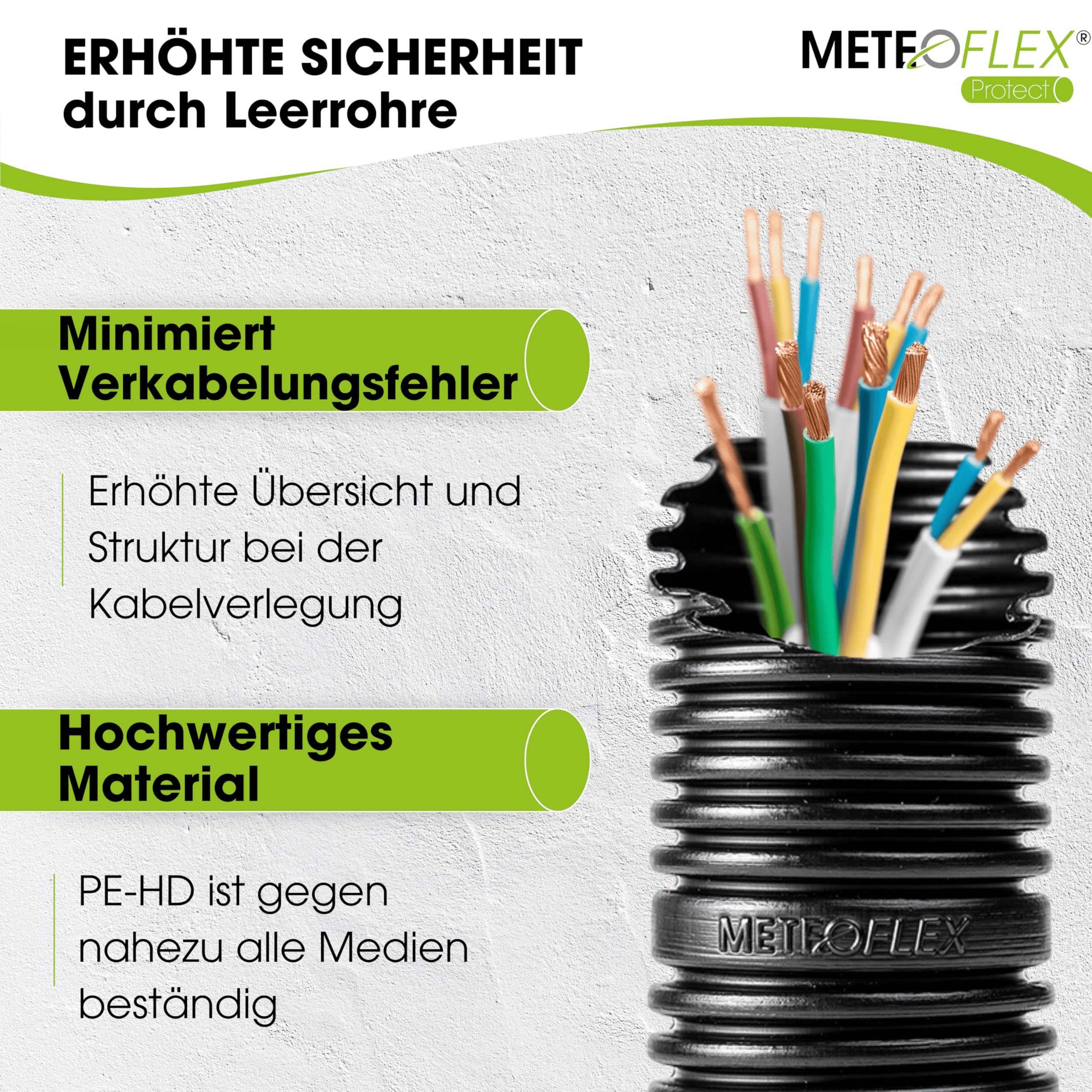 METEOFLEX PROTECT Leerrohr mit Zugdraht/Einzughilfe 750N M20 / M25 / M32 / M40 / M50 aus HDPE - Wellrohr für Erdreich, Erdverlegung, Außenbereich, Beton - hohe Druck- & Schlagfestigkeit (M32-25m)