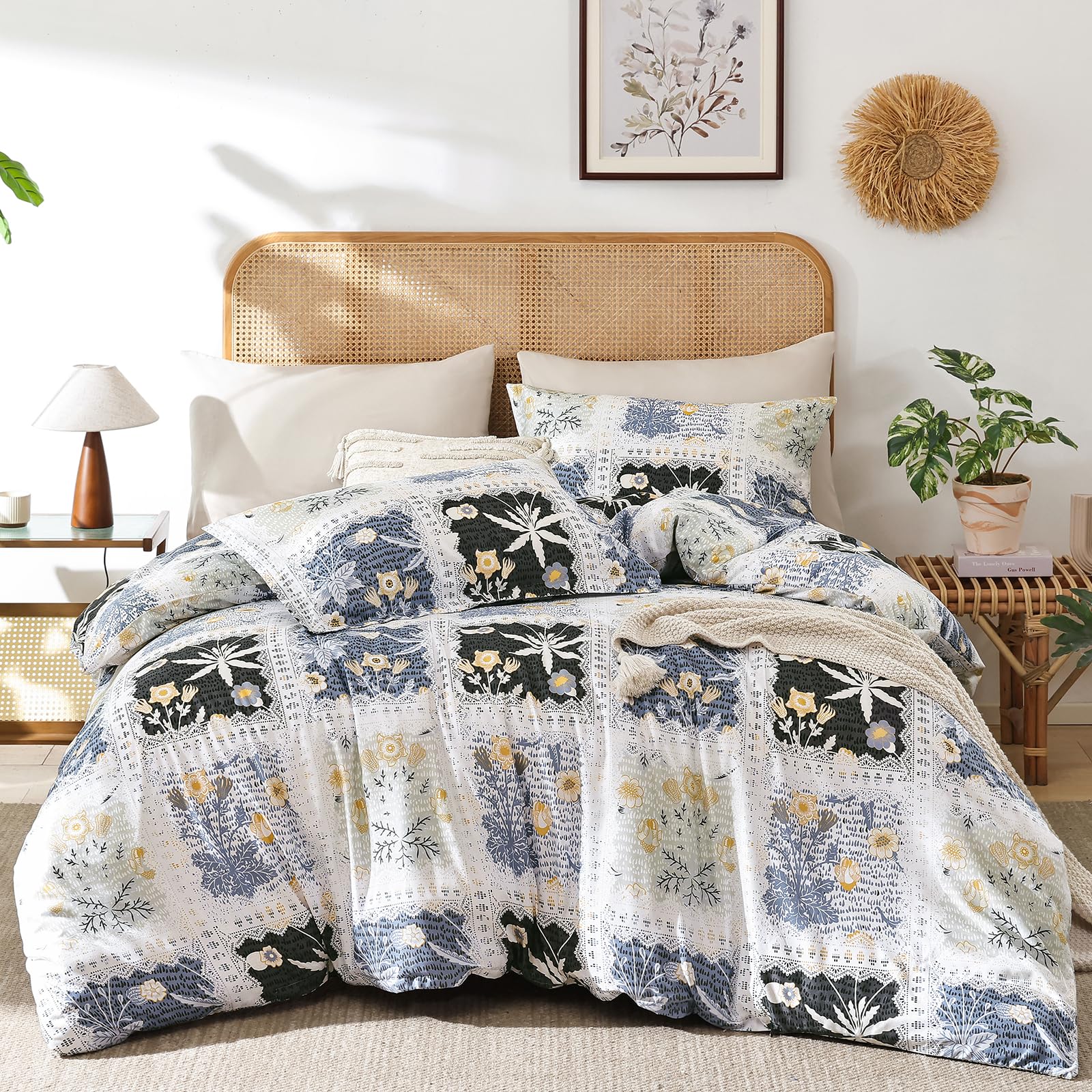 DJY Floral Duvet Cover Set King Size - 3-Piece Black Bedding Set - Wrinkle-Resistant & Breathable Design with Hidden Zipper (King, 220x230cm)