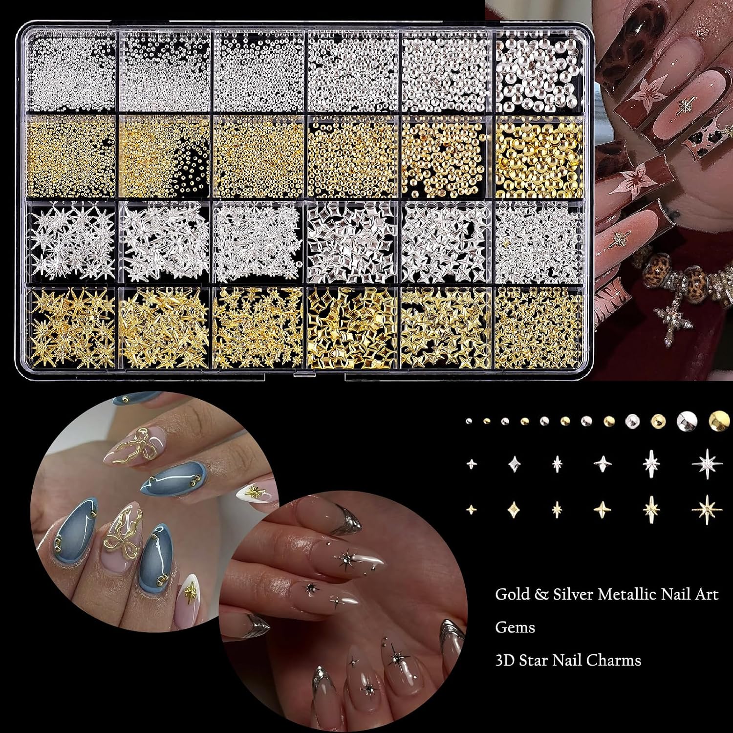 3D Star Nail Charms, Gold & Silver Multi-Shapes Metal Nail Art Gems and Small Round Caviar Beads Jewels Nail Rhinestones Accessories Tweezers & Wax Pencils for Women DIY Manicure Decorations