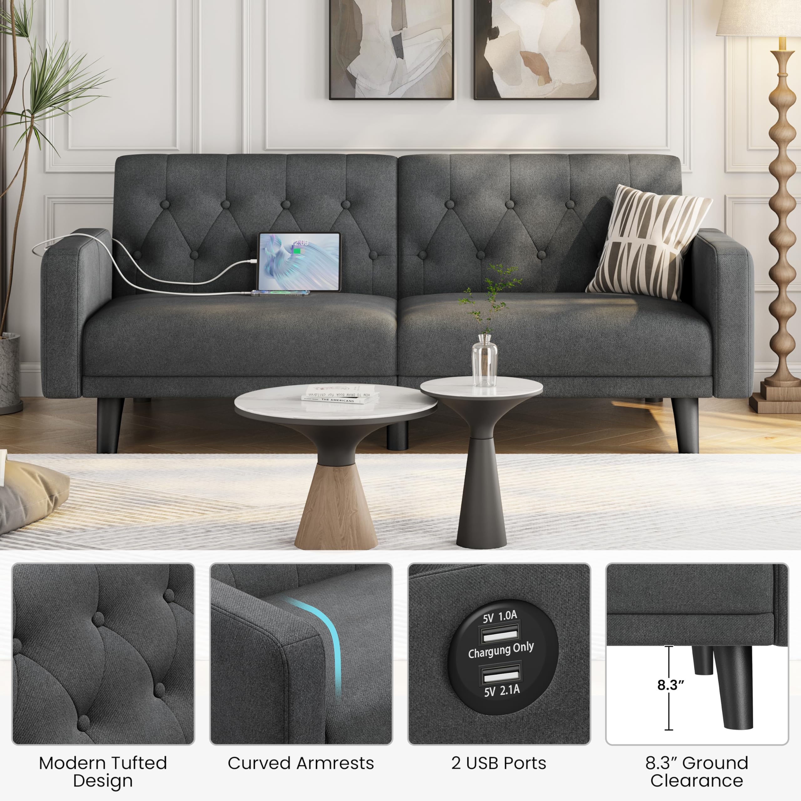 Yaheetech 63" Small Futon Sofa Bed, Convertible Couch with USB, Dark Gray | Loveseat, Compact Sofa Couch Fabric Reclining Futon Features 3 Angles, Removable Armrest for Apartment, Office, Living Room