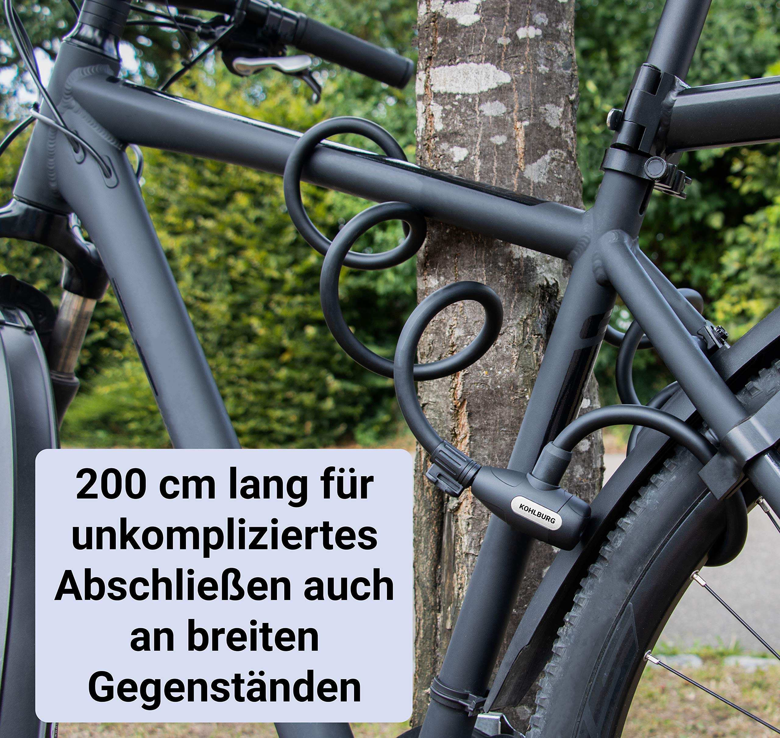 KOHLBURG Kabelschloss 200 cm lang - einfach ohne Schlüssel abschließbar - Schloss für Fahrrad mit Halterung - Spiralschloss mit 3 Schlüssel als Fahrradschloss & Kinderwagenschloss
