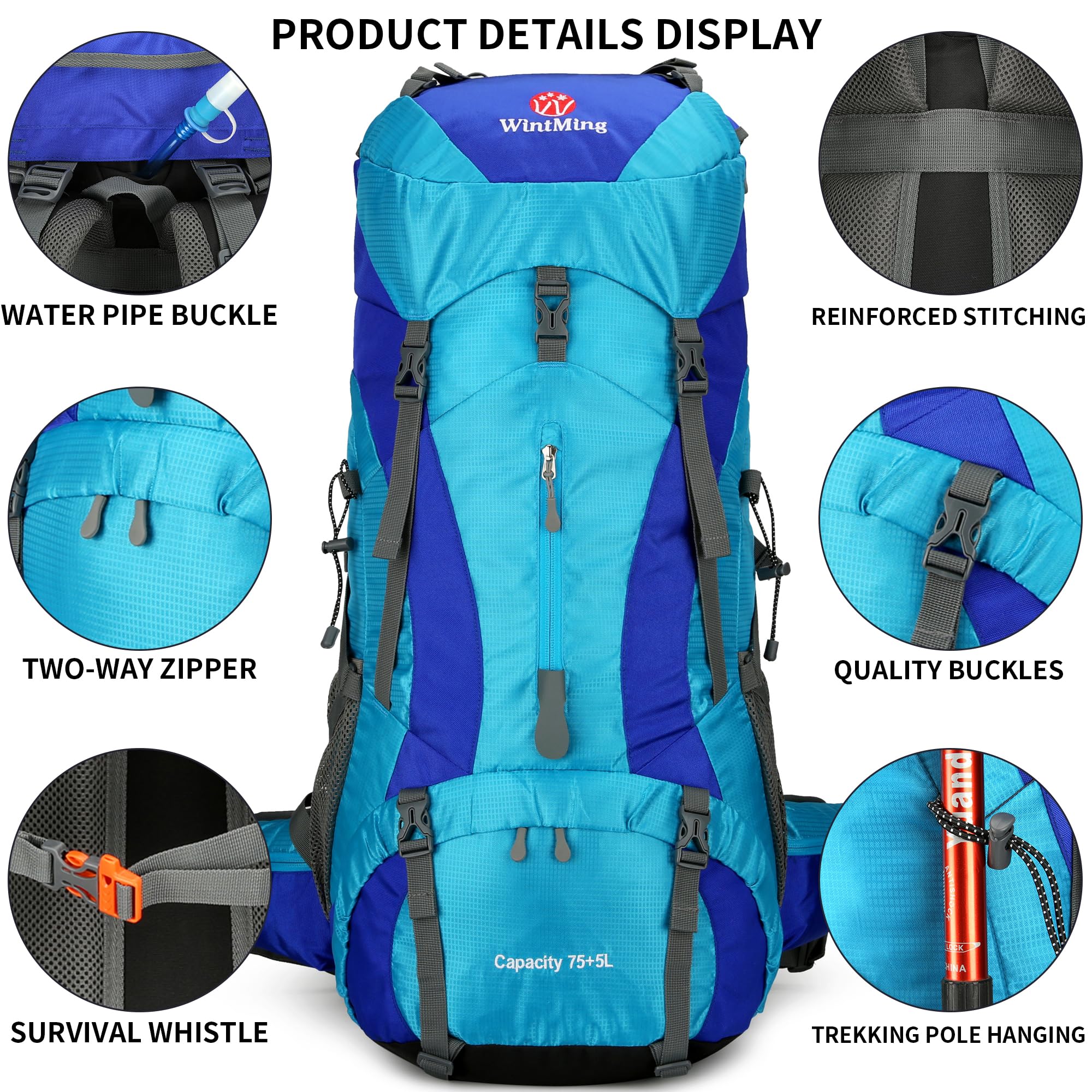 WintMing 75L Hiking Backpack with Rain Cover Waterproof Camping Backpack Shoes Warehouse for Men Women
