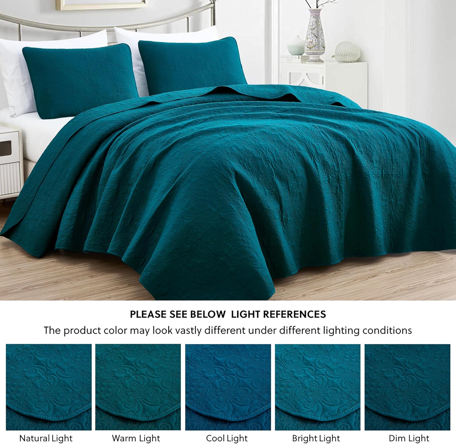 Chezmoi Collection Luca 3-Piece Oversized Bedspread Set, King Size, Teal - Summer Quilt Lightweight Microfiber Bedspread 118 x 106 - Floral Medallion Pattern Coverlet for All Season - Image 5