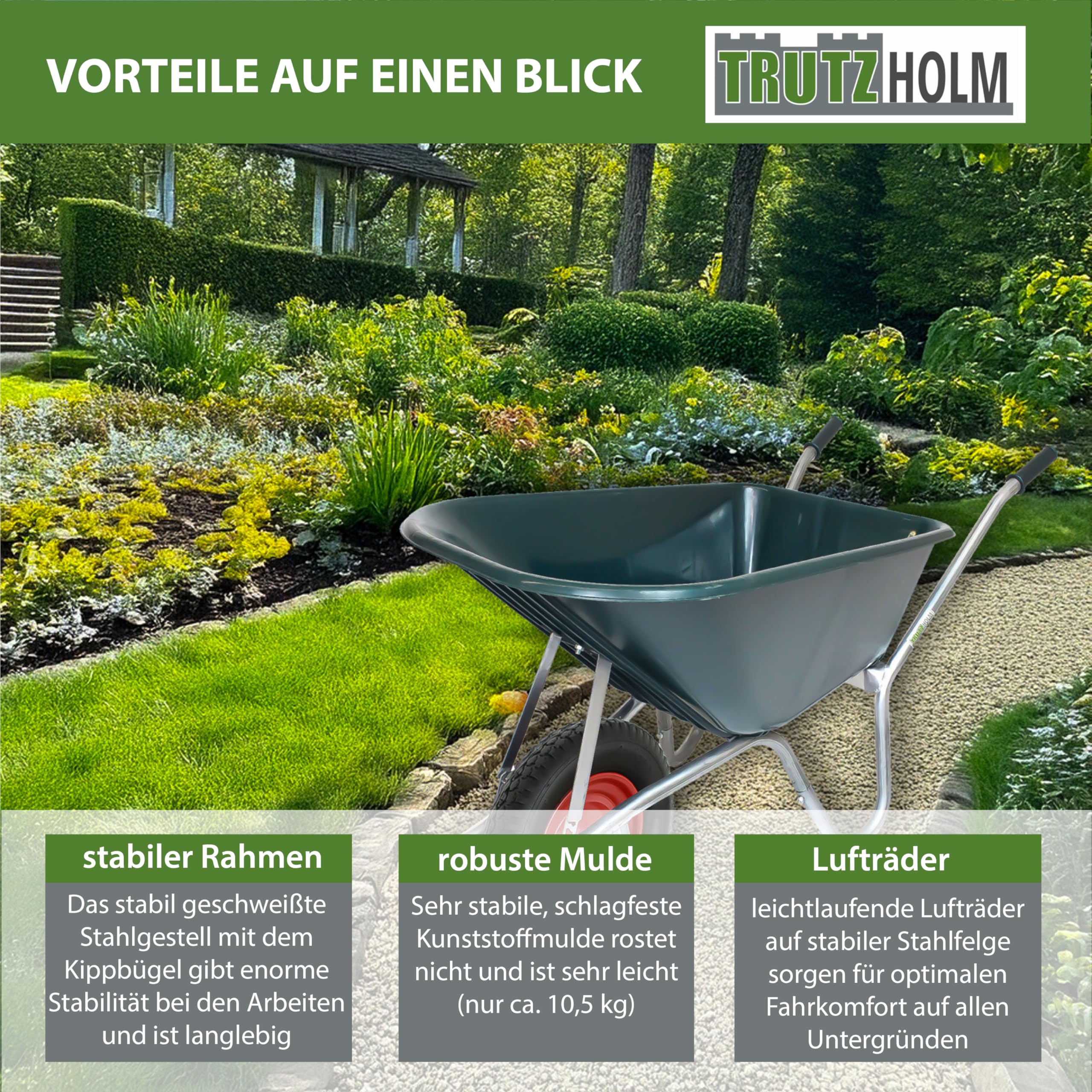 TRUTZHOLM 2-Rad Schubkarre - Leichte Einhandkarre Für Garten & Friedhof