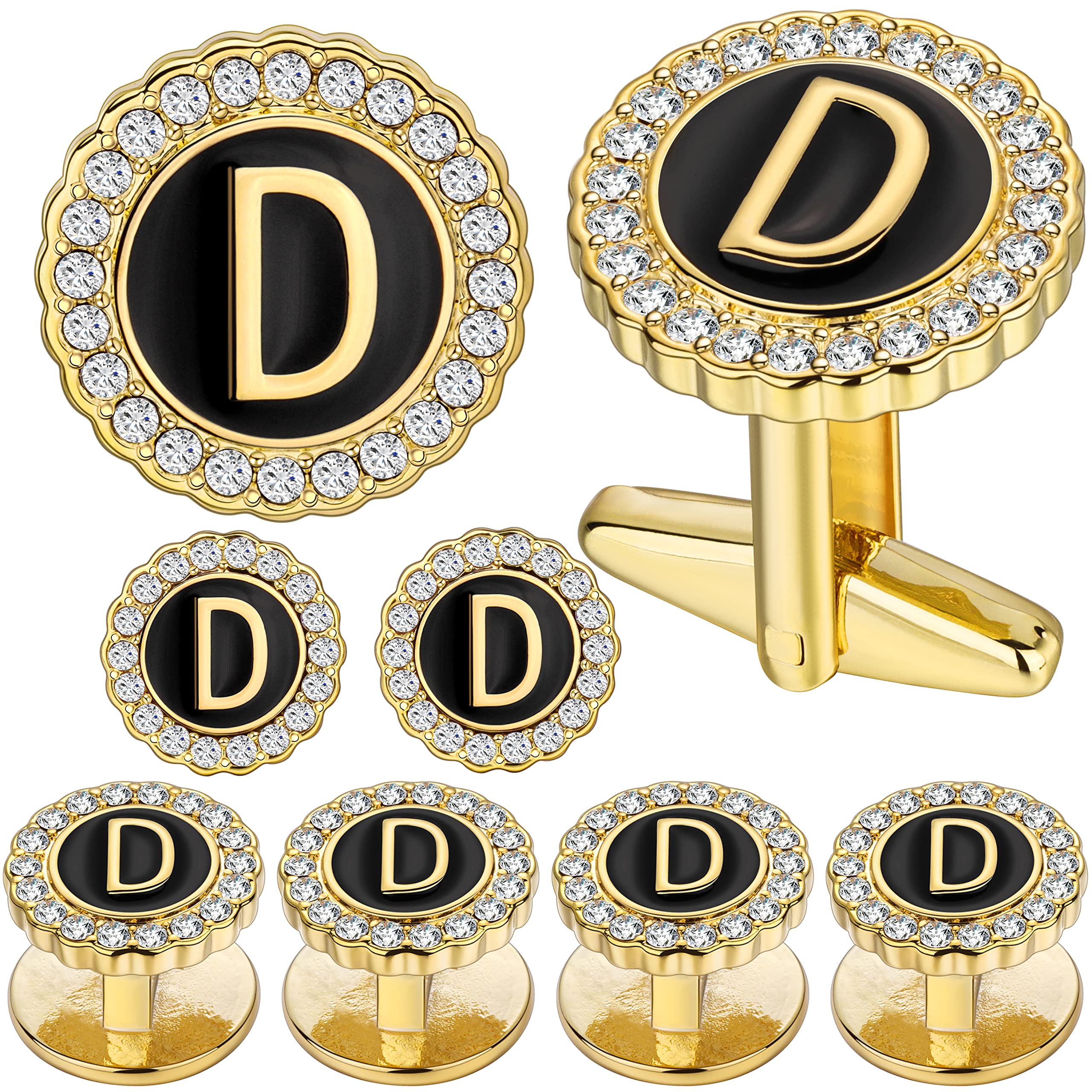 HAWSON 18K Gold Tone Initial Cufflinks for Men with Tuxedo Studs - Gift Boxed, Stylish Men's Jewelry Accessories for Weddings, Birthdays, Anniversaries, Father's Day