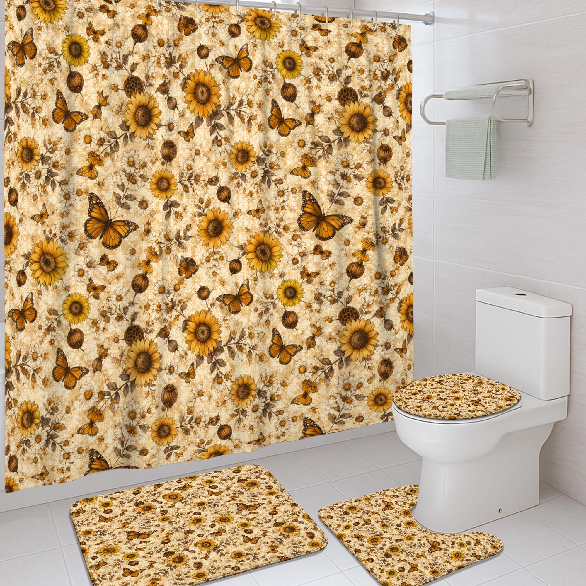 Rideau de douche tournesol anti-éclaboussures 183x183 cm lavable avec tapis assorti
