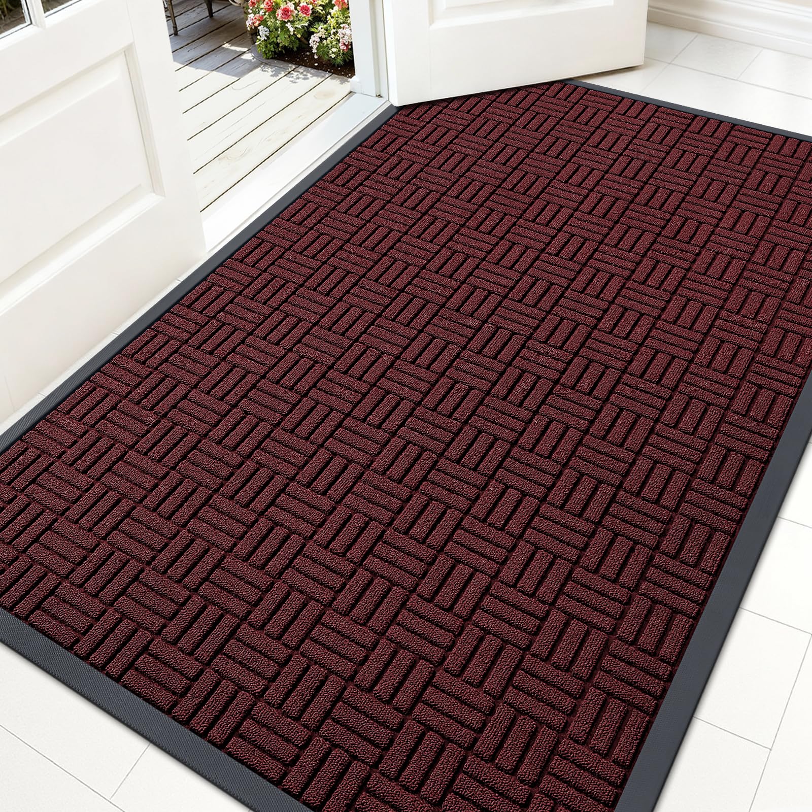 OLANLY Front Door Mat Outside Entrance 59x34, Heavy-Duty Rubber Doormat | Burgundy, Absorbent, Stain Fade Resistant, Non-Slip Backing, Low-Profile Indoor Outdoor Floor Mat for Entryway, Easy to Clean