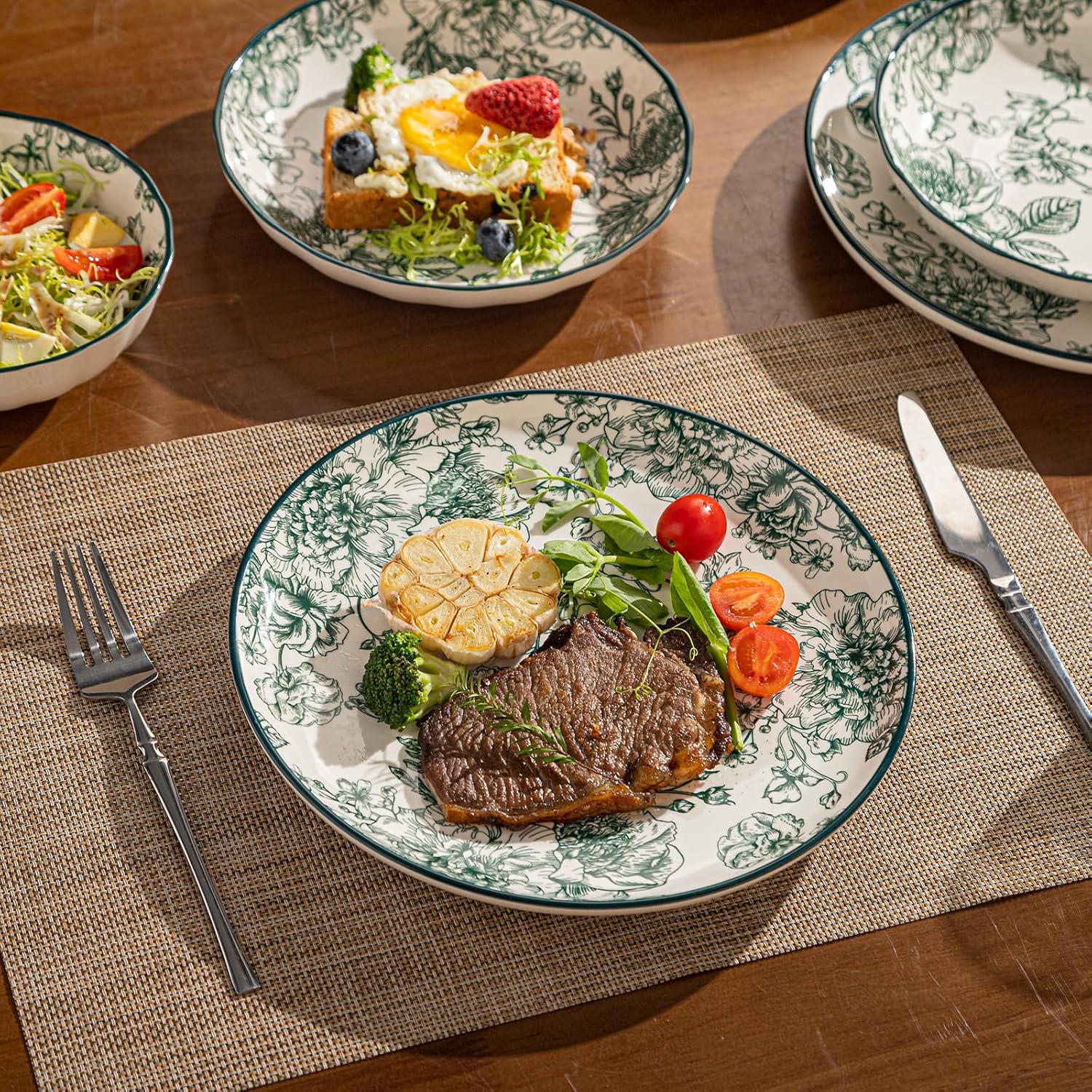 18-Piece Dinnerware Set Service 6, Porcelain Plates and Bowls Set, Vintage Green Rose Scalloped Edge, French Country Aesthetic, Microwave Dishwasher Safe