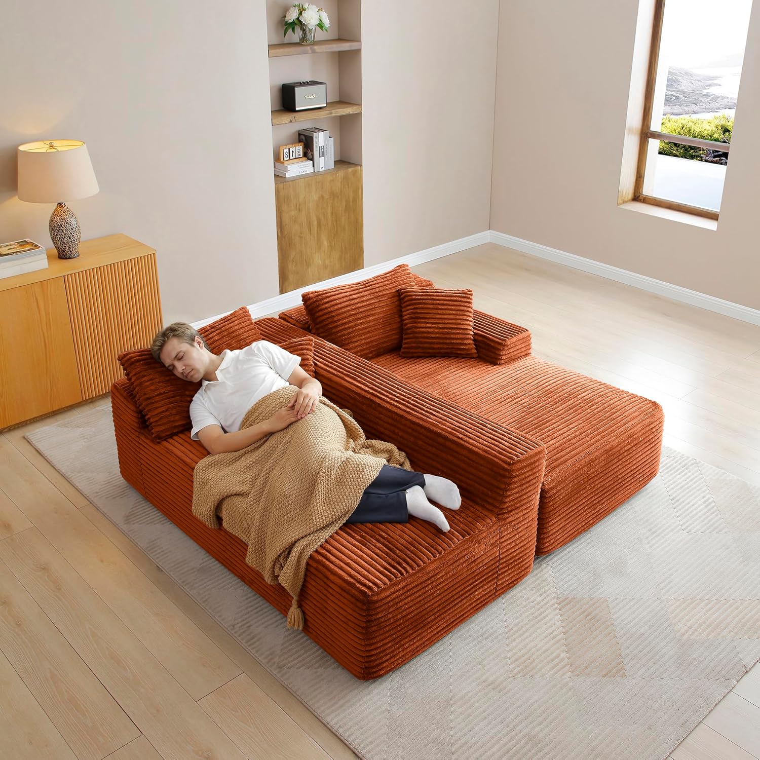 105-Inch L-Shaped Right Facing Corner Compressed Sofa Modular Sectional Boneless Cloud Sofa Floor Foam Couch with Chaise Lounge, Corduroy Corner Boneless Cloud Couch