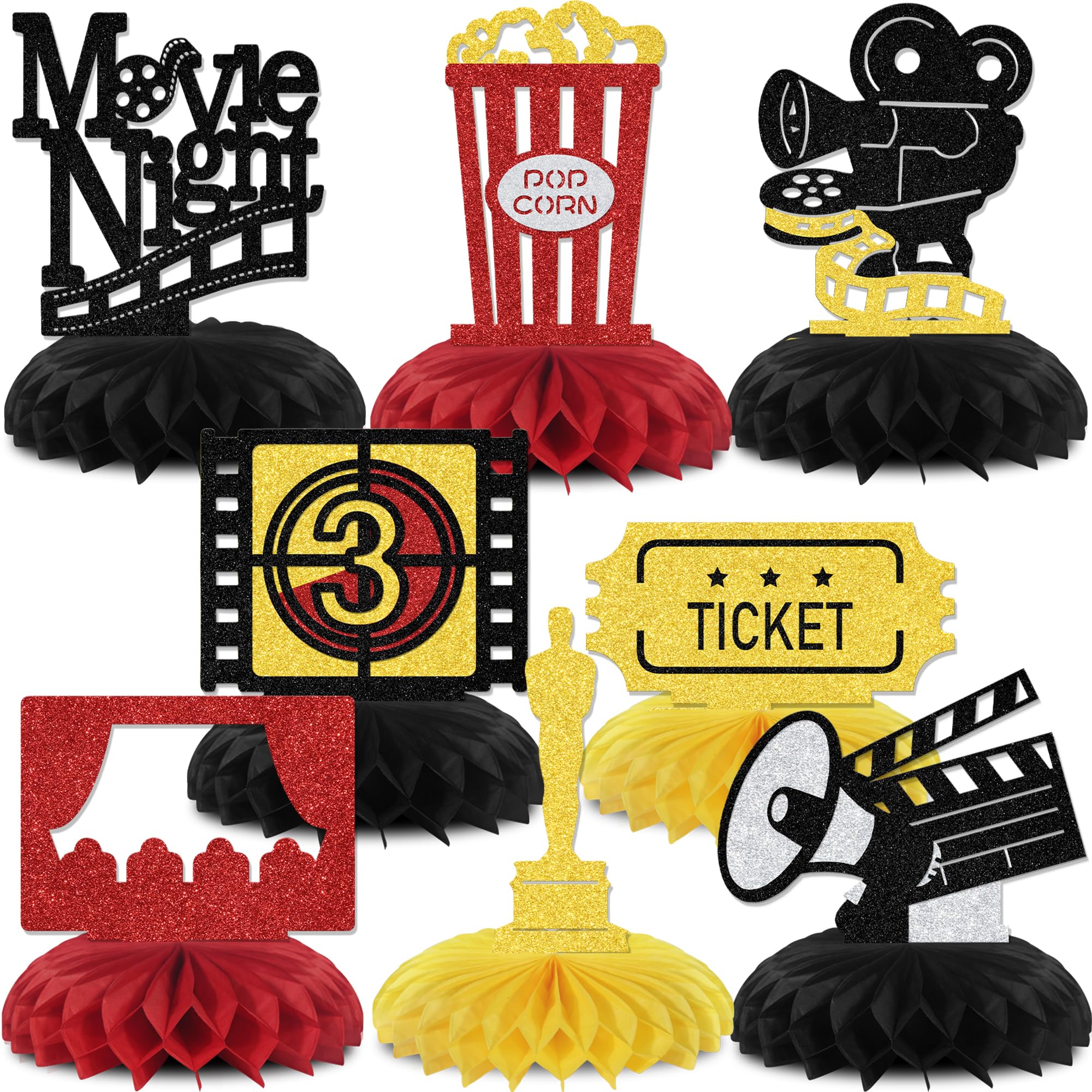 Aumccxz 8Pcs Movies Night Honeycomb Centerpieces Movies Birthday Party Decorations Film theme Bachelorette Bridal Shower Decorations Black Gold & Red